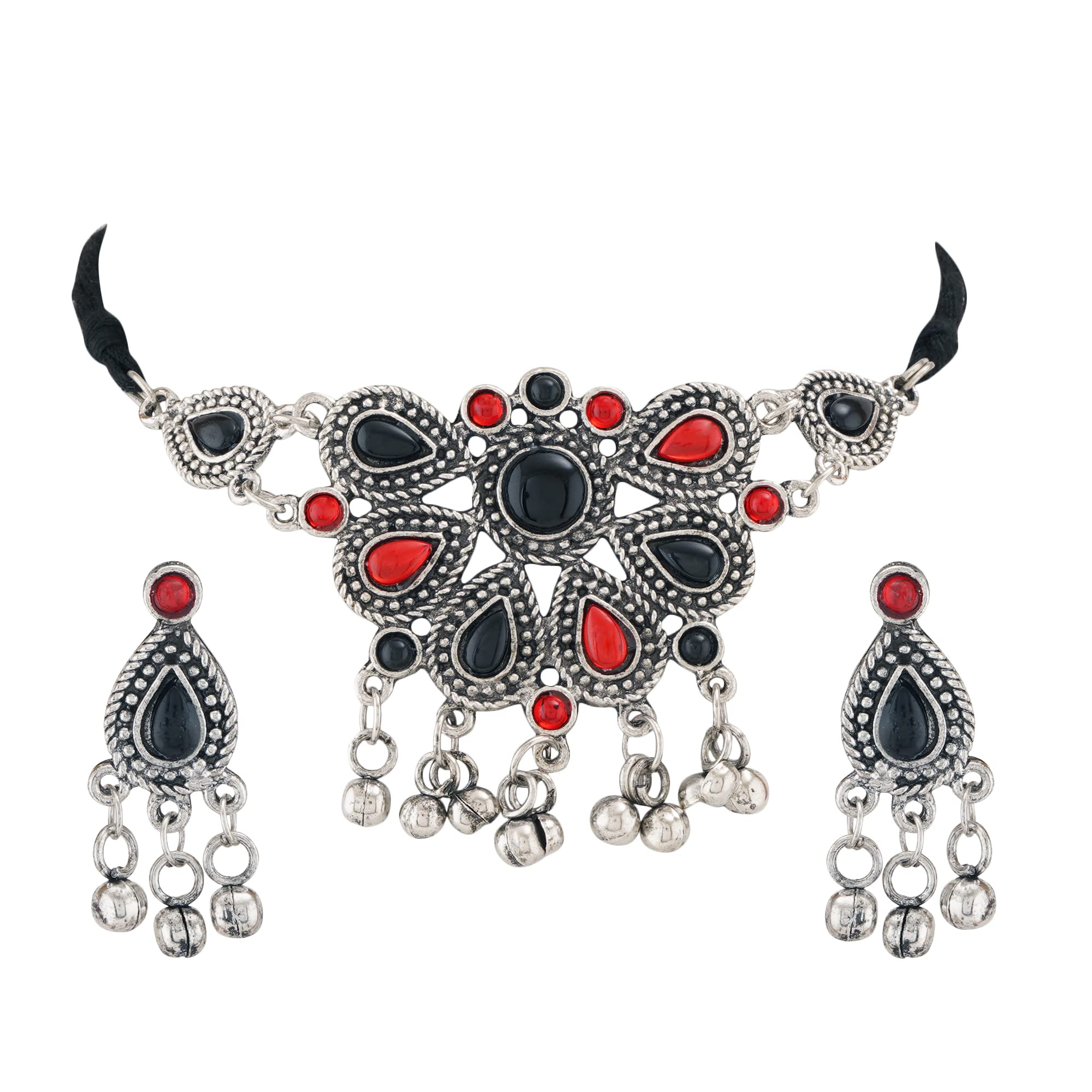 Shreyadzines Thread Oxidised German Silver and Choker Pendant Necklace Earrings Combo Set for Girls & Women