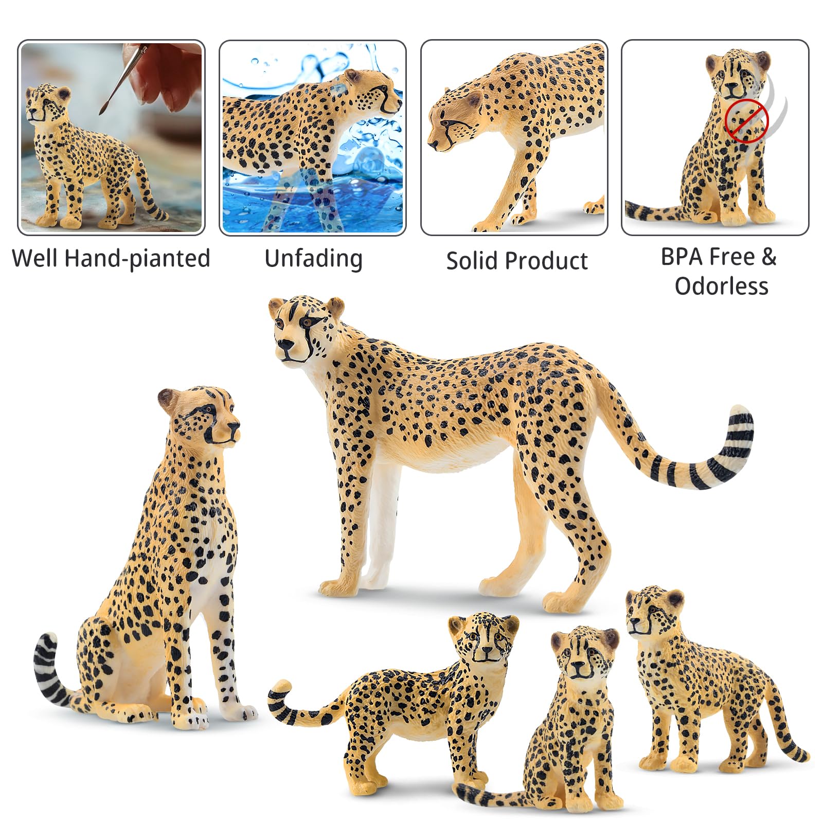 TOYMANY 8 sztuk gepardów, figurki zwierząt z gepardami, realistyczne figurki zwierząt z dżungli, zestaw rodzinny, zabawki do zoo, toppery na ciasto, prezent urodzinowy, do zabawy lub jako dekoracja