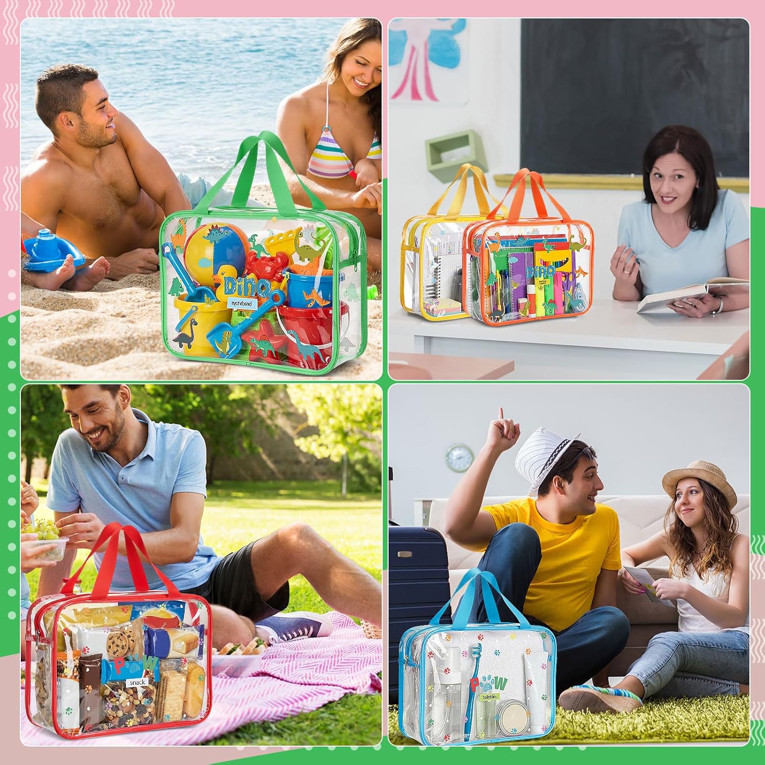 6 Packs Large Toy Storage Bags with Labels Clear Dinosaur Cat Paw PVC Board Game Storage Containers with Zipper Waterproof Building Blocks Organizer for Puzzle Books (6 Color)