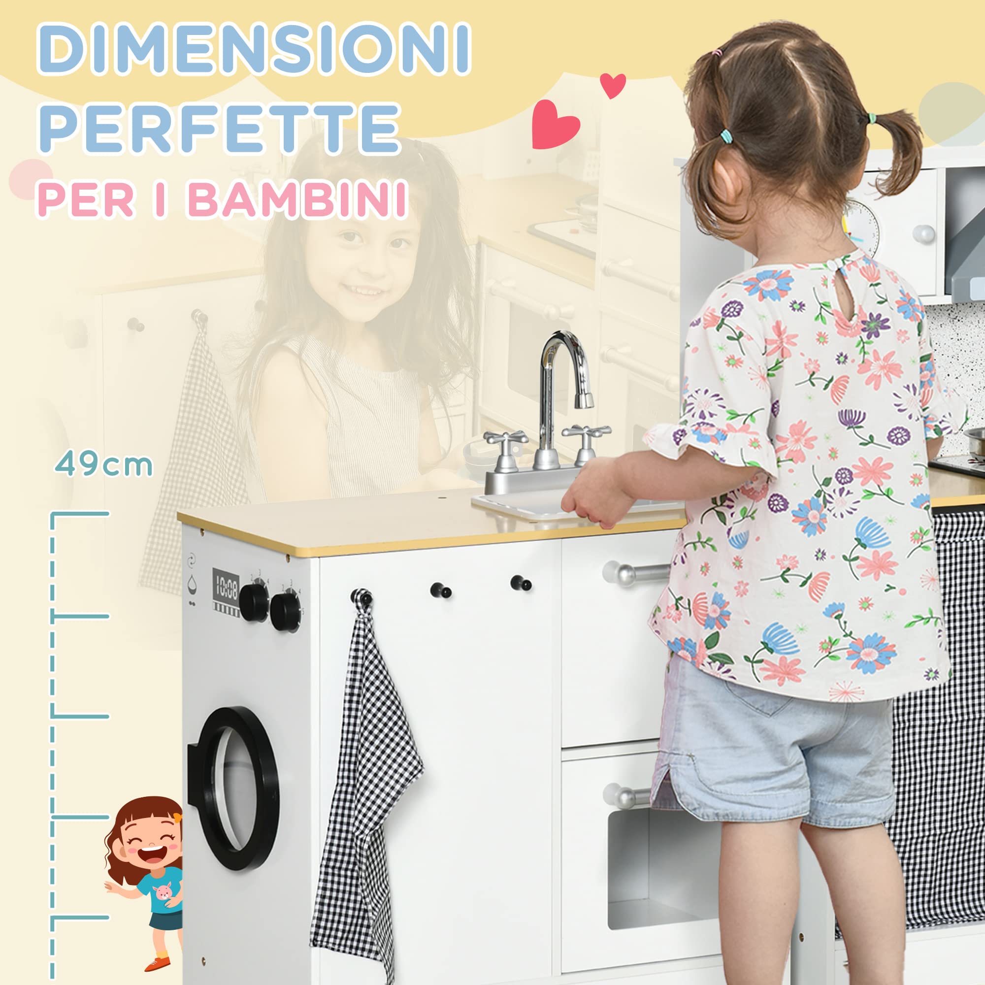 HOMCOM Cucina Giocattolo 2 Pezzi per Bambini 3-6 Anni con Utensili da Cucina, Luci ed Effetti Sonori Realistici, in MDF e PP Bianca e color Legno