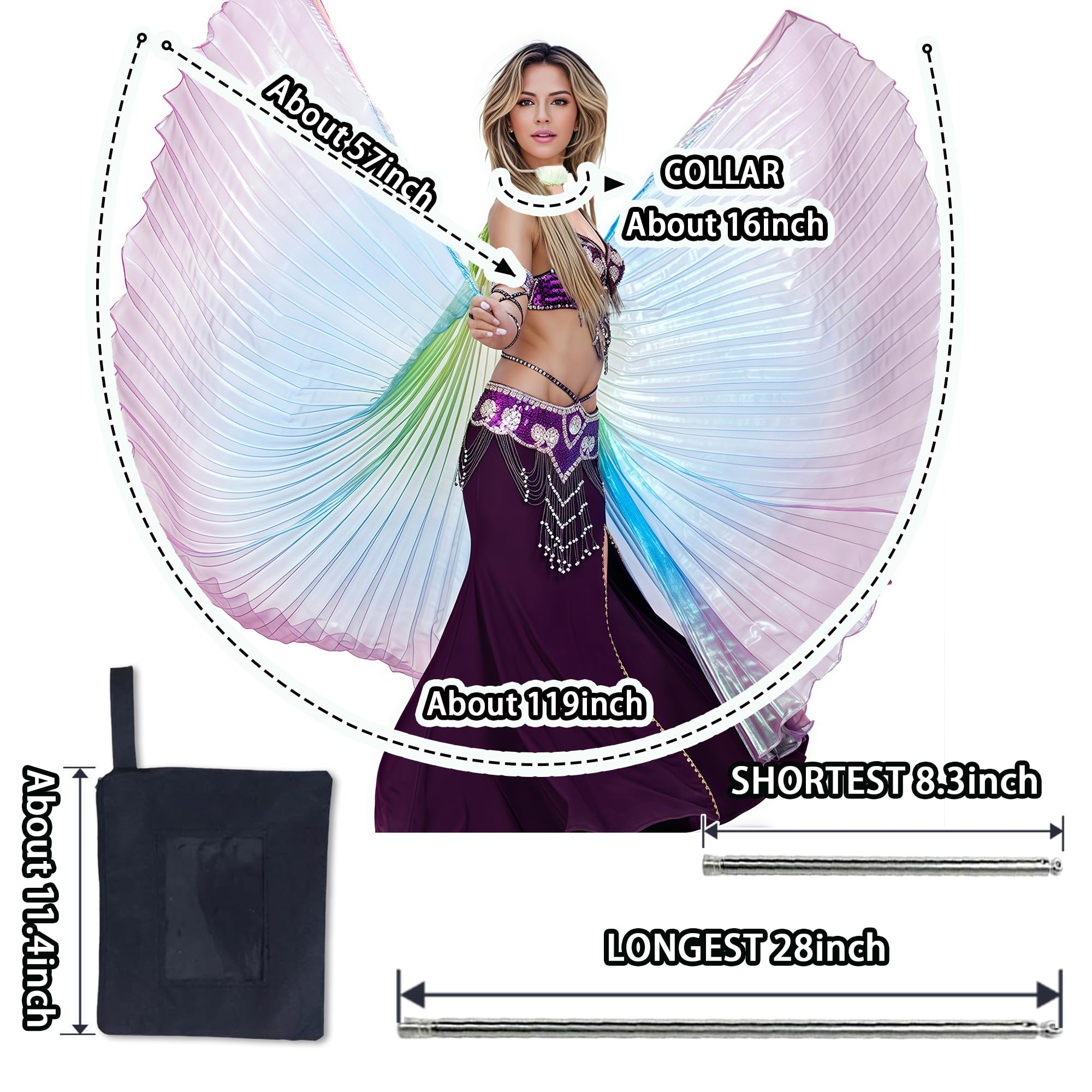 Baisdan Gradient Isis Wings Set including Stick & Carrying Bag for Belly Dance Halloween & Carnival Costumes Green Blue Purple - Image 2