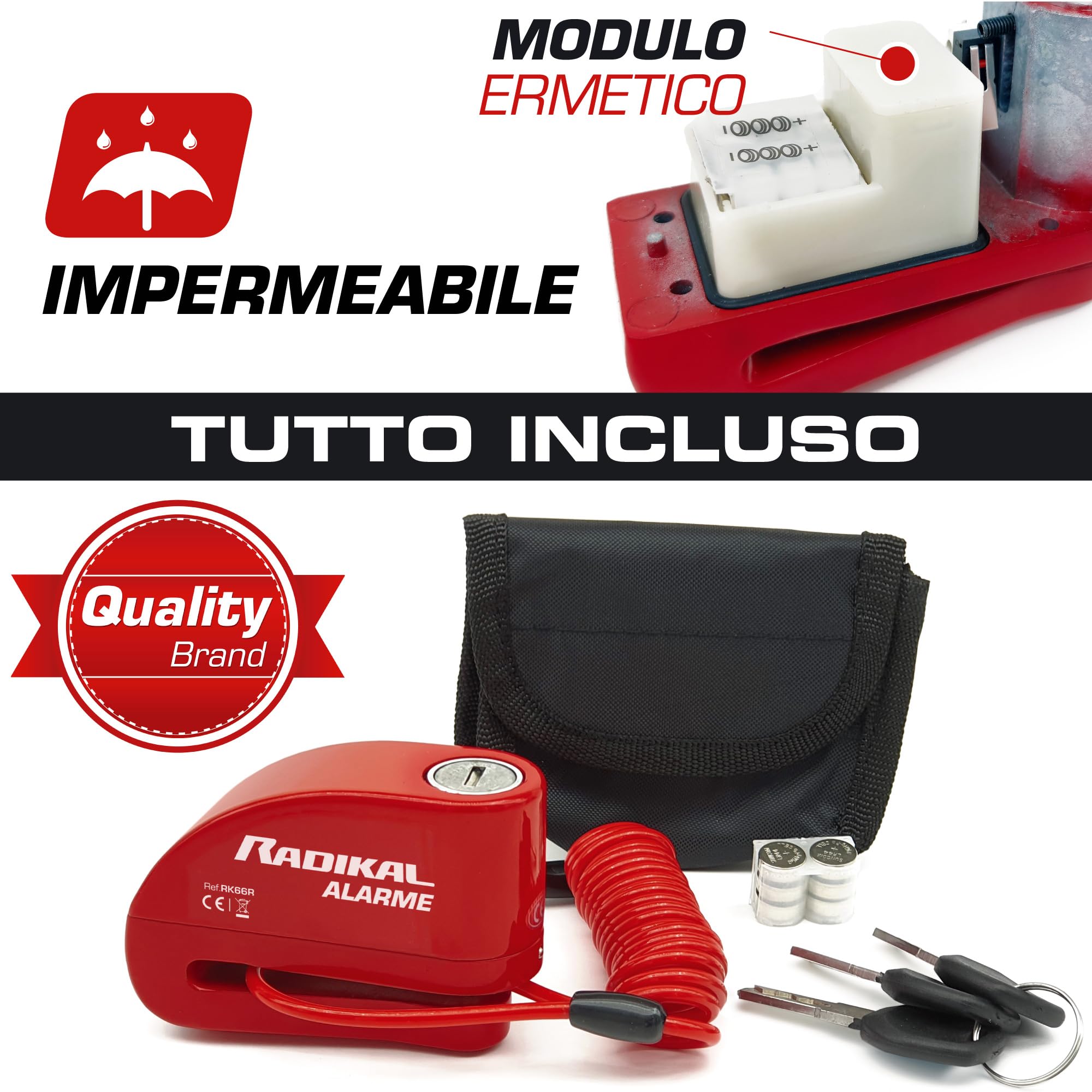 RADIKAL RK66R Bloccadisco Moto Allarme 110dB, Impermeabile, Serratura di Sicurezza Click ø6mm, Universale Scooter, Bicicletta, Cavo Promemoria, Batterie Ricambio, Borsa, Antifurto Blocco Freno Ruota