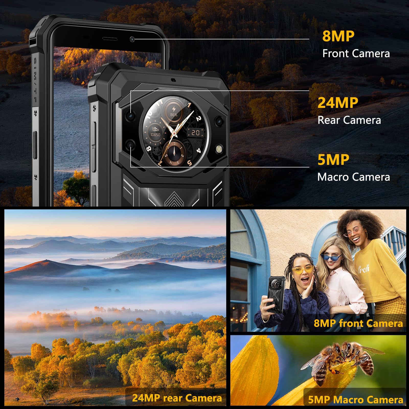 FOSSiBOT F101 Pro Outdoor Handy ohne Vertrag,Dual Bildschirm 15GB(8+7)+128GB/1TB,10600mAh Akku,5,45"HD+Bildschirm,24MP Kamera,Android 13 Outdoor Smartphone IP68/69K,Dual SIM 4G,Face ID,OTG,NFC,Schwarz