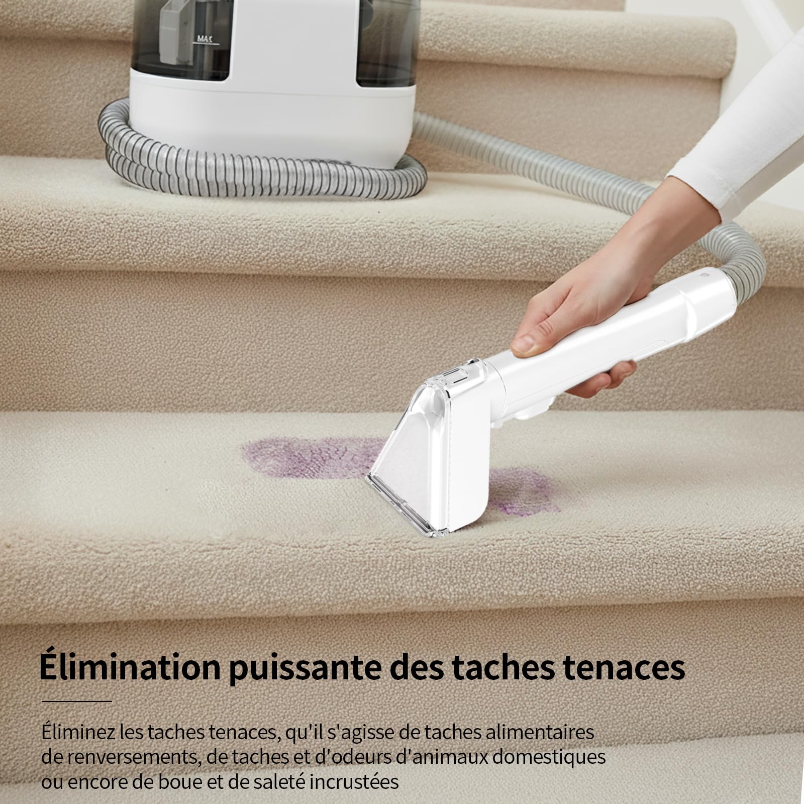 Shampouineuse Canapé Tissu, Nettoyeur Tapis et Moquettes 18 kPa, Moteur 500W, Double Réservoir, Tuyau & Cordon Long, Compact Portable, Nettoyeur pour Canapé, Matelas, Voiture, Textiles Domestiques