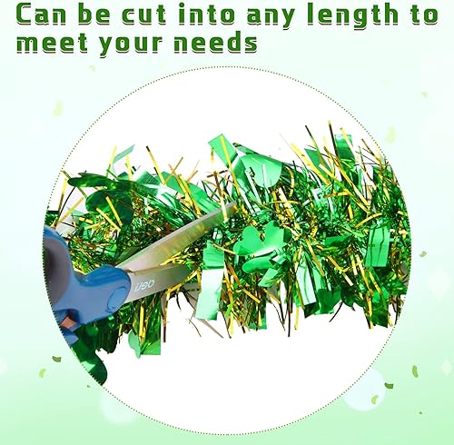 Miniatura 3 de Guirnalda de oropel de trébol verde de 32.8 pies x 4 pulgadas, guirnalda de oropel de trébol irlandés metálico para decoración de árbol colgante de