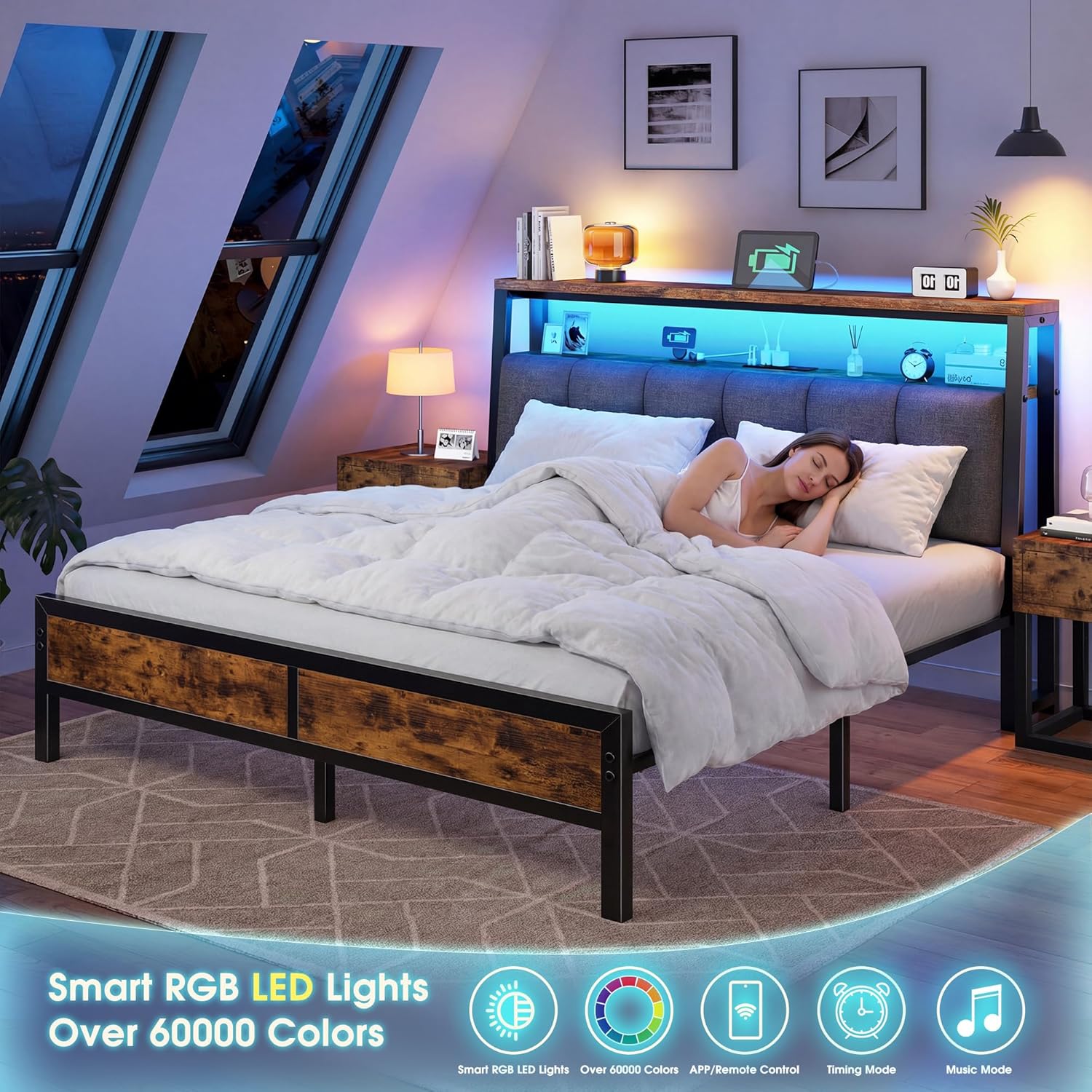 Illustration highlighting the 12-inch under-bed storage space of the Homkdom Queen Bed Frame, showing various storage bins and suitcases neatly tucked away beneath the frame. An anti-slip edge feature is also indicated to keep the mattress in place.