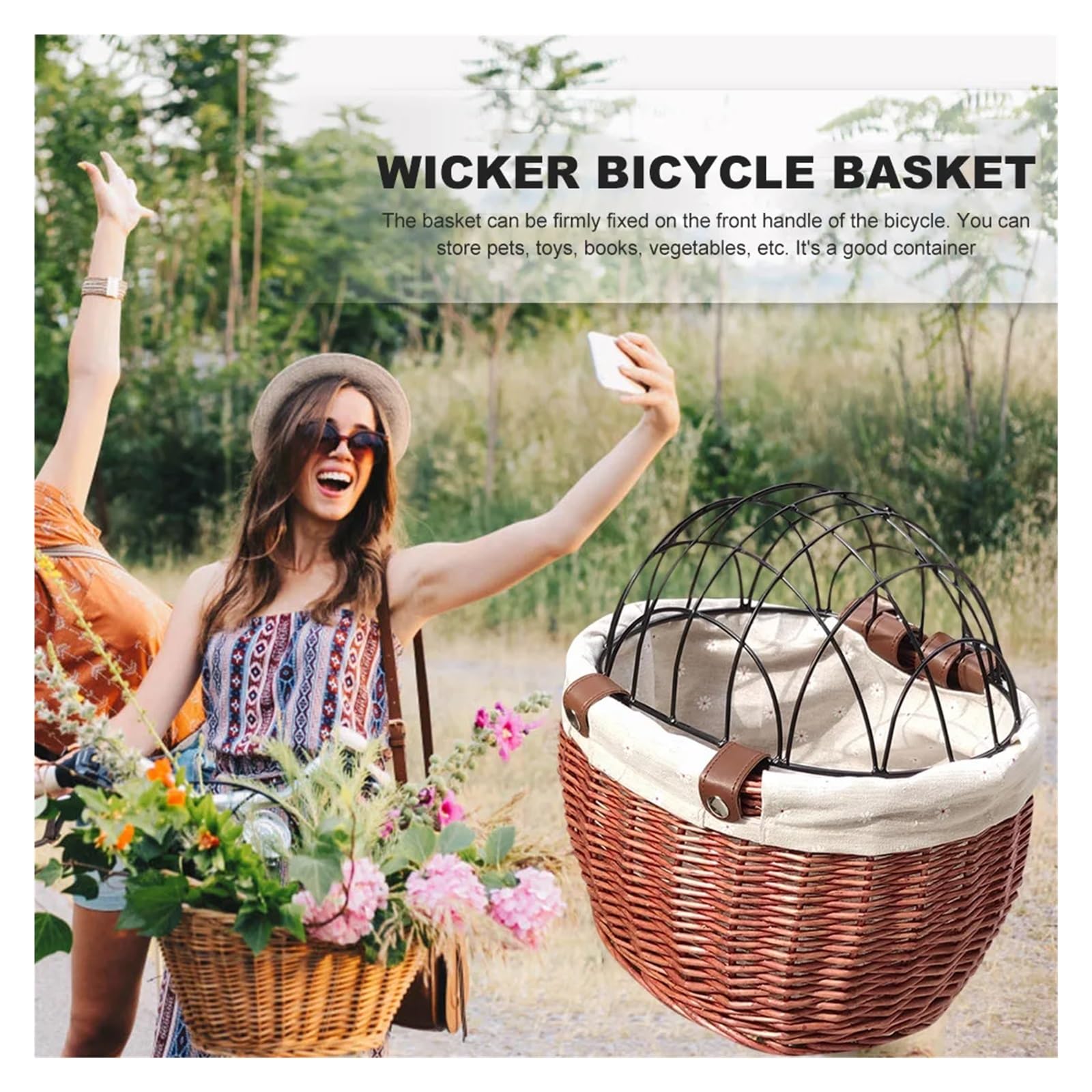 Cestino Per Bici In Vimini 30x25x35cm - Per Animali Piccoli O Oggetti, Con Cintura - Foto 12