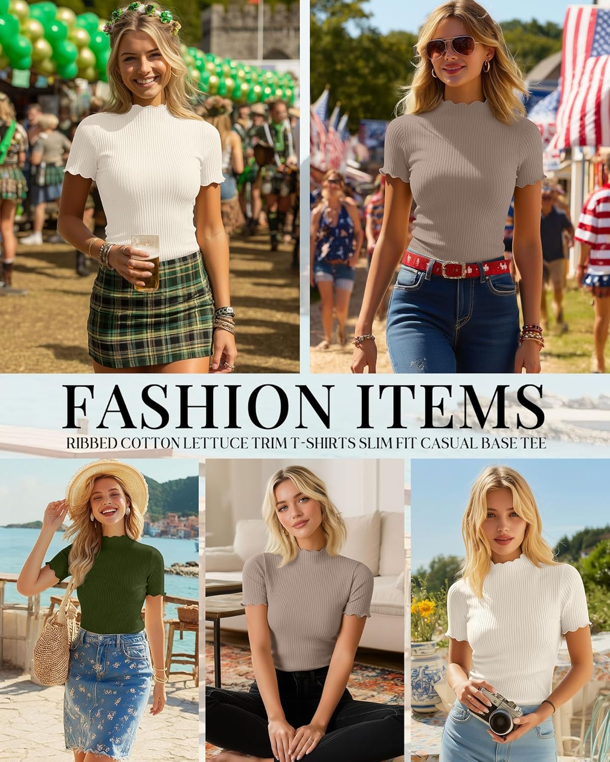 Huukeay 3 Pack Women's Mock Turtleneck Short Sleeve Tops Ribbed Cotton Lettuce Trim T Shirts Slim Fit Casual Base Tee - Image 5