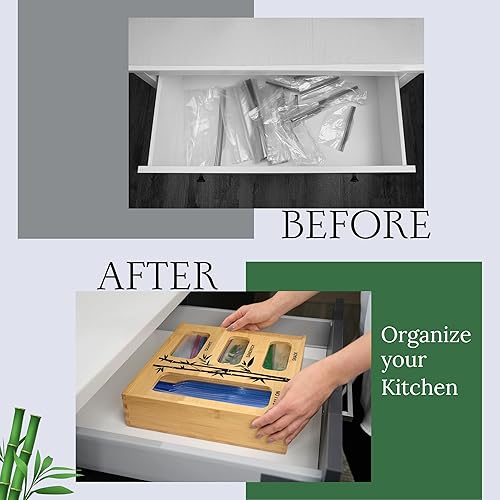 Miniatura 2 de ZipLock - Organizador de almacenamiento para cajón, diseño artístico 100% bambú de madera Ziplock bolsa de sándwich de plástico, cierre de