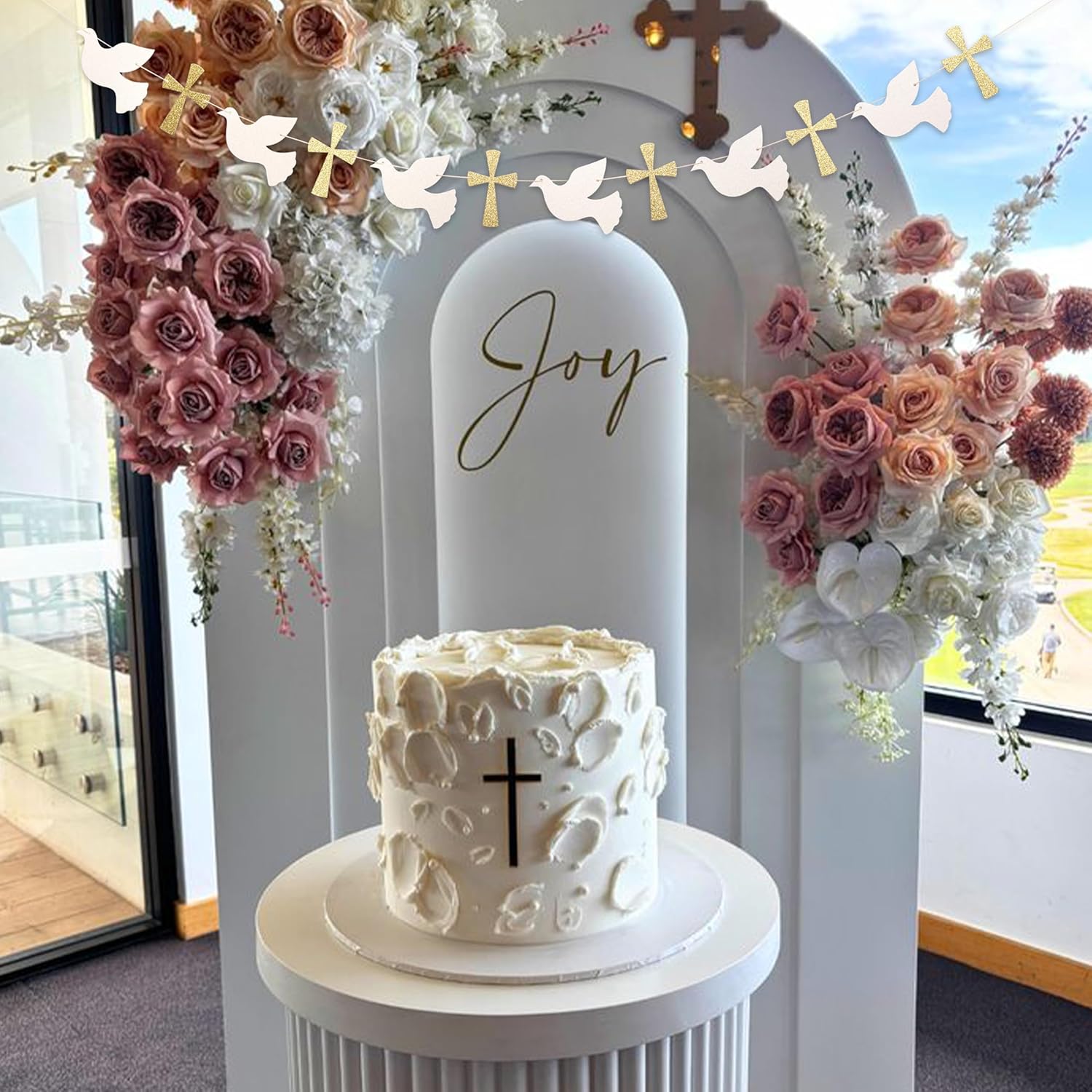 Christening Dove and Cross Banner - God Bless Easter Party Gold Glitter Decoration Garland, Fist Holy Communion Baby Shower Decor (god Bless Banner)