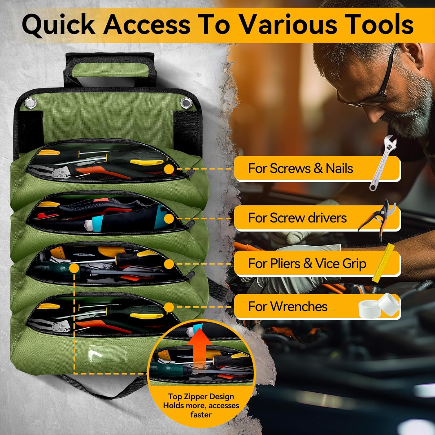 Roll Up Tool Bag Organizer 10 Pocket Tool Roll Heavy Duty Electrician Tool Bag for Men Dad Handyman Magnetic Wristband Mechanic Tool Storage Bag Rollup Pouch Car Tool Carrier Plumber Gadget Bag Green