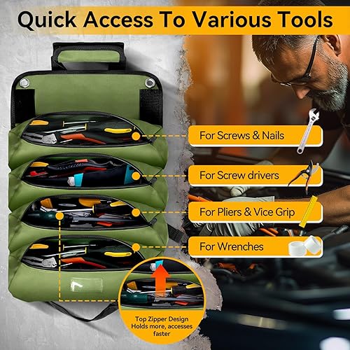 Miniatura 5 de Bolsa organizadora de herramientas enrollable, rollo de herramientas de 10 bolsillos, bolsa de herramientas de electricista resistente para hombres,