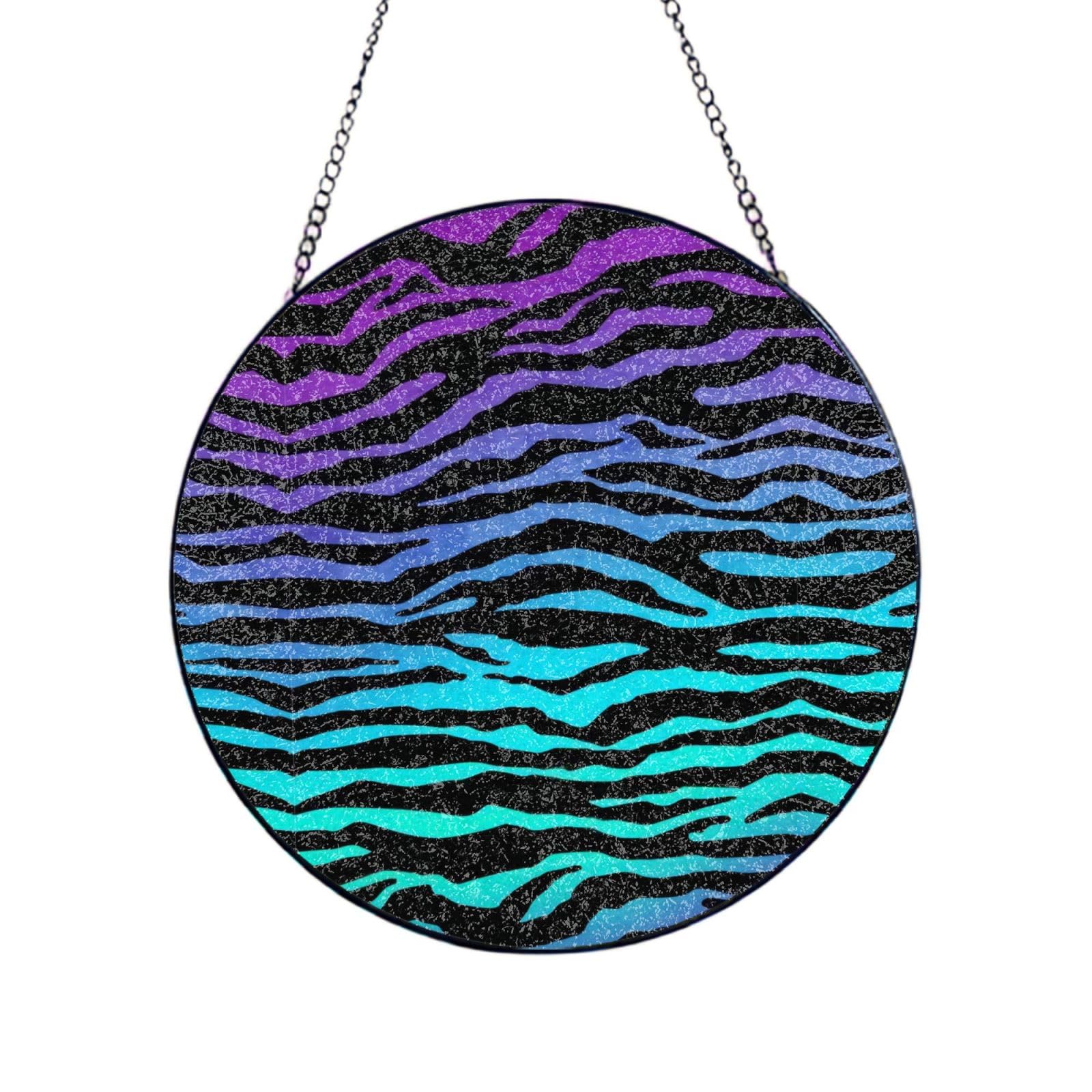 Phayah Purple Blue Green Camouflage Zebra Stripes Print Glass Window Hanging Round Suncatcher Glass Ornament Garden Wall Fence Decorations Indoor Outdoor 8in（20cm）