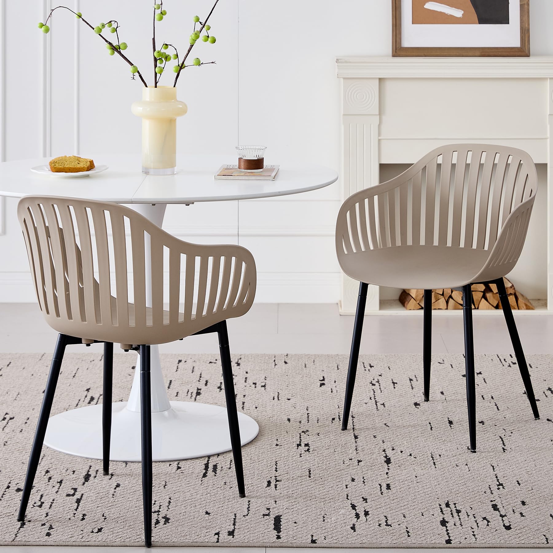 GrandCA HOME Set di 8 Sedie da Pranzo Moderne, Sedia da Cucina con Braccioli, con Schienale cavo Verticale e Gambe in Metallo Nero, Adatte per Soggiorno, Balcone, Ufficio - Cachi