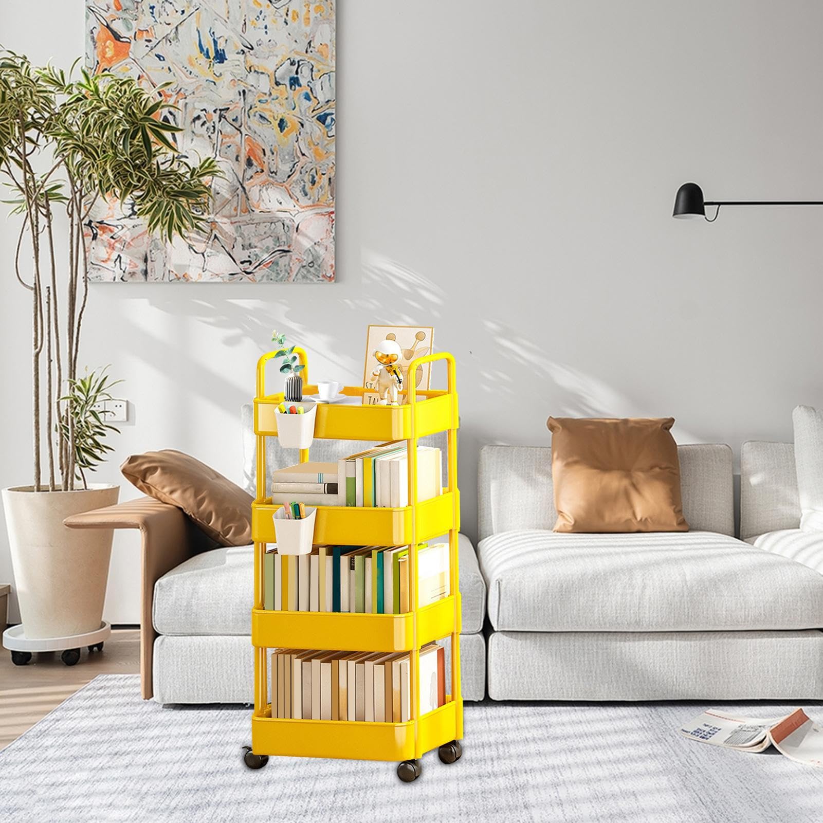 Carro Almacenamiento | Organizador Carrito rodante para Libros - Estante 3/4 Niveles con Ruedas y Ganchos, Carrito Almacenamiento, Carrito refrigerios