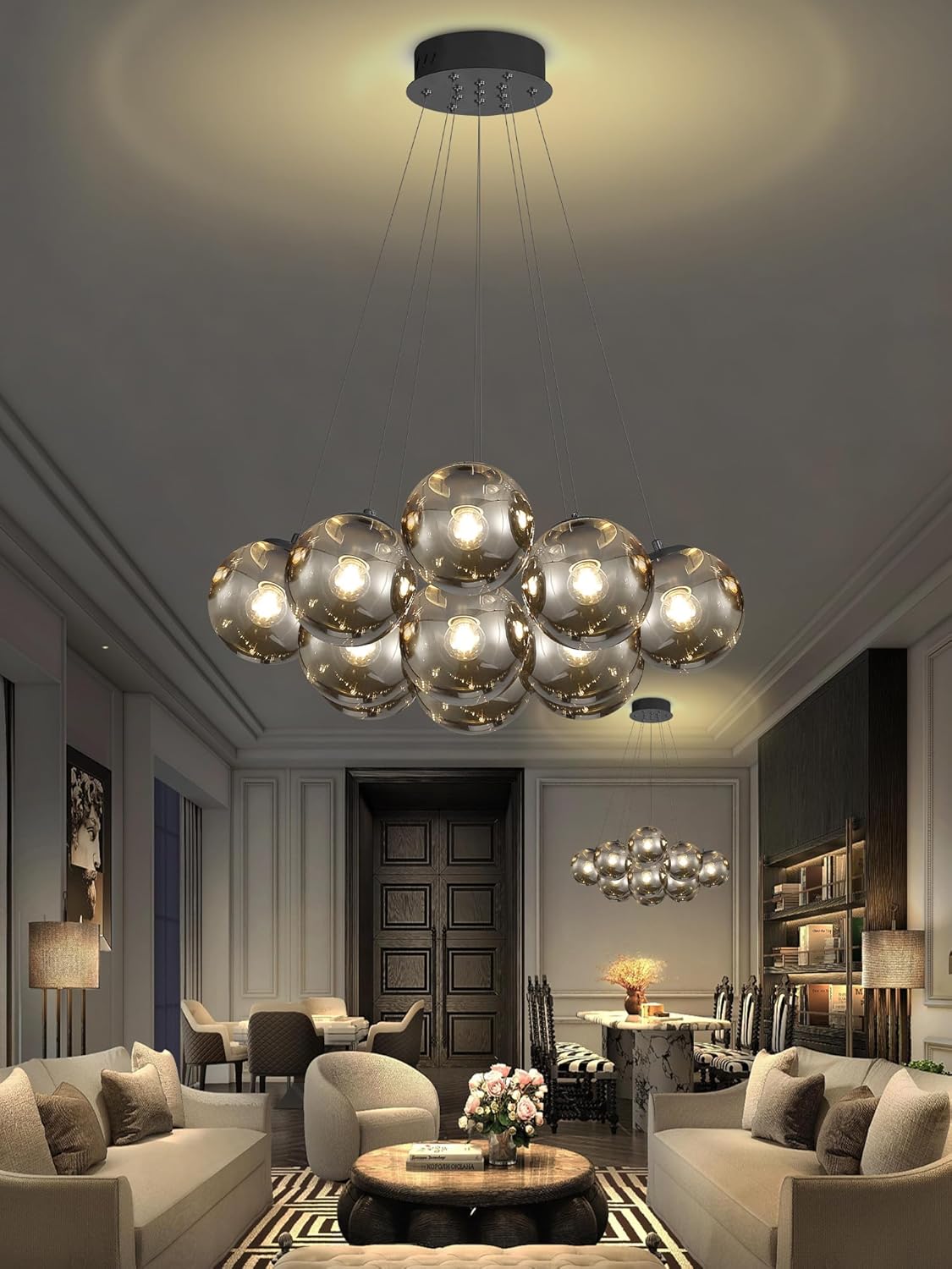 Black Modern Bubble Chandelier Lighting 13-Light Smoke Gray Globe Chandelier Glass Globe Pendant Light for Dining Room Foyer Bedroom Entryway