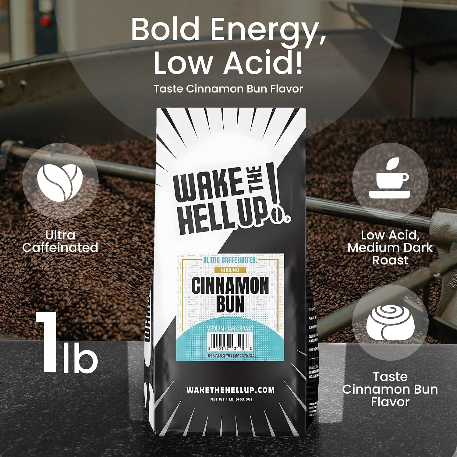 Wake The Hell Up! 1lb Ultra-Caffeinated Cinnamon Bun Ground Coffee, Low Acid, Medium-Dark Roast (Pack of 2) image 2
