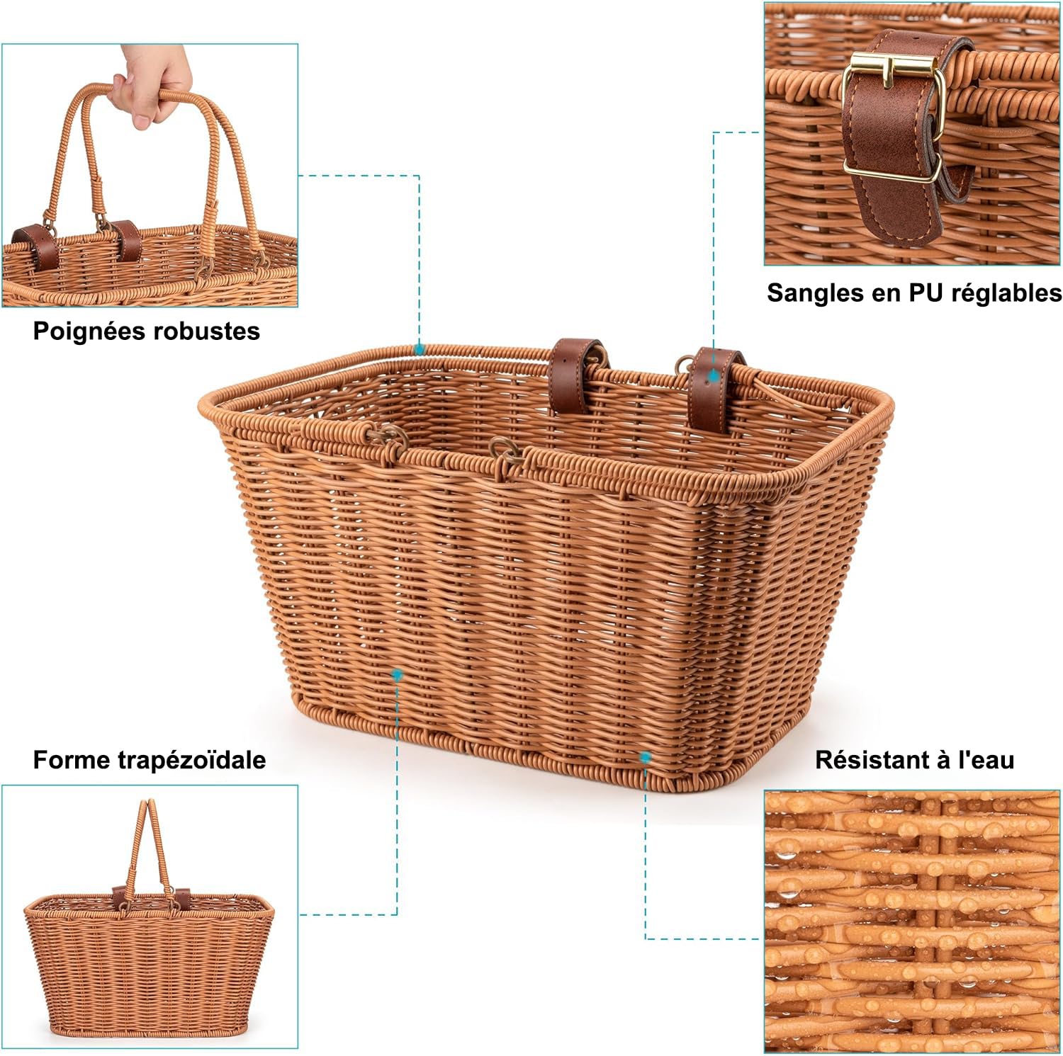 CXWXC Panier de vélo – Panier Avant Durable – Panier de vélo en Osier tressé Fait Main avec Sangles réglables en Cuir végane