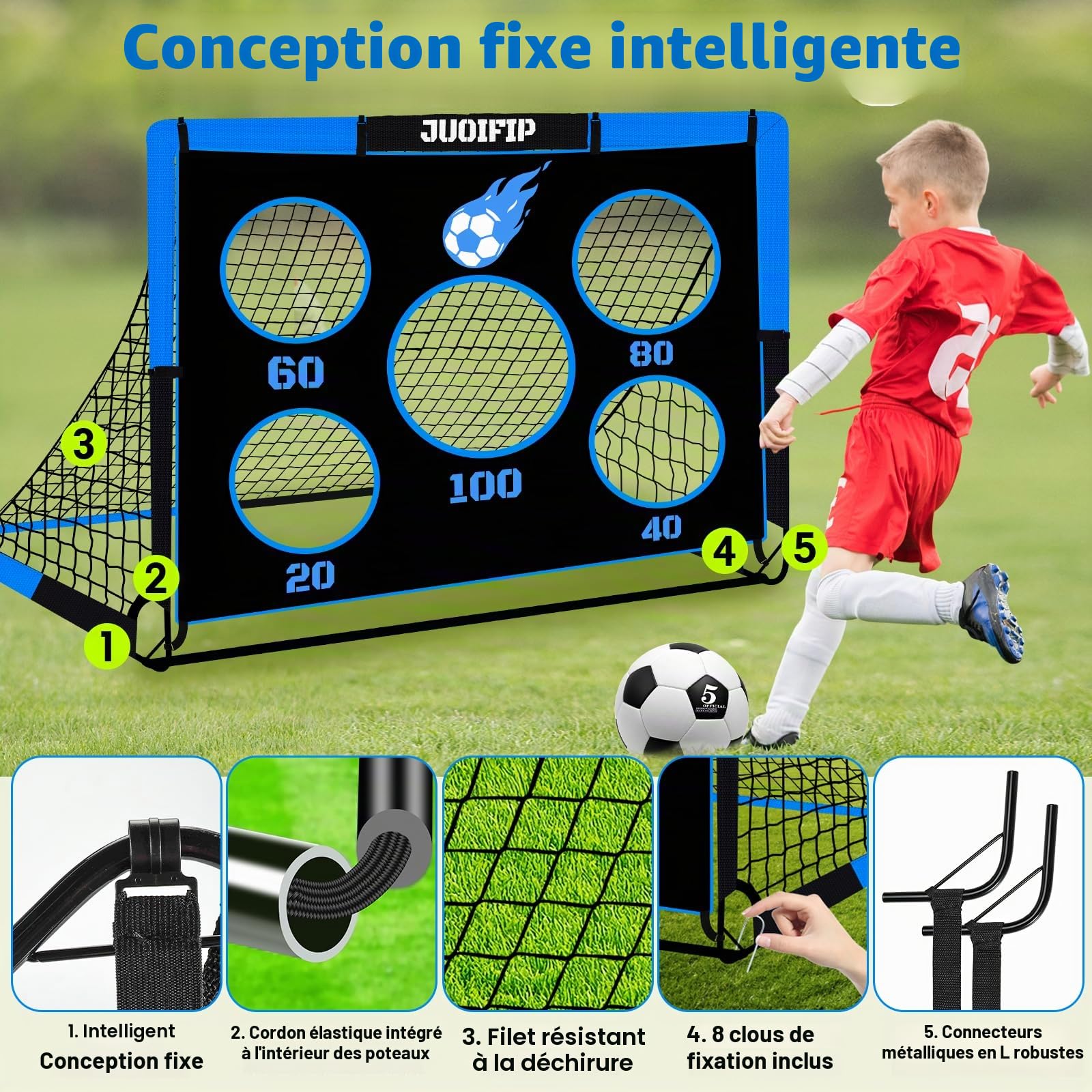 NZQXJXZ But de Football 3-en-1 pour Enfants, Filet de Football 150 x 120 cm, poteaux de But pour Jardin avec 2 Tissus interchangeables et Un Ballon, Sac de Transport, Montage Facile et Pliable adapté