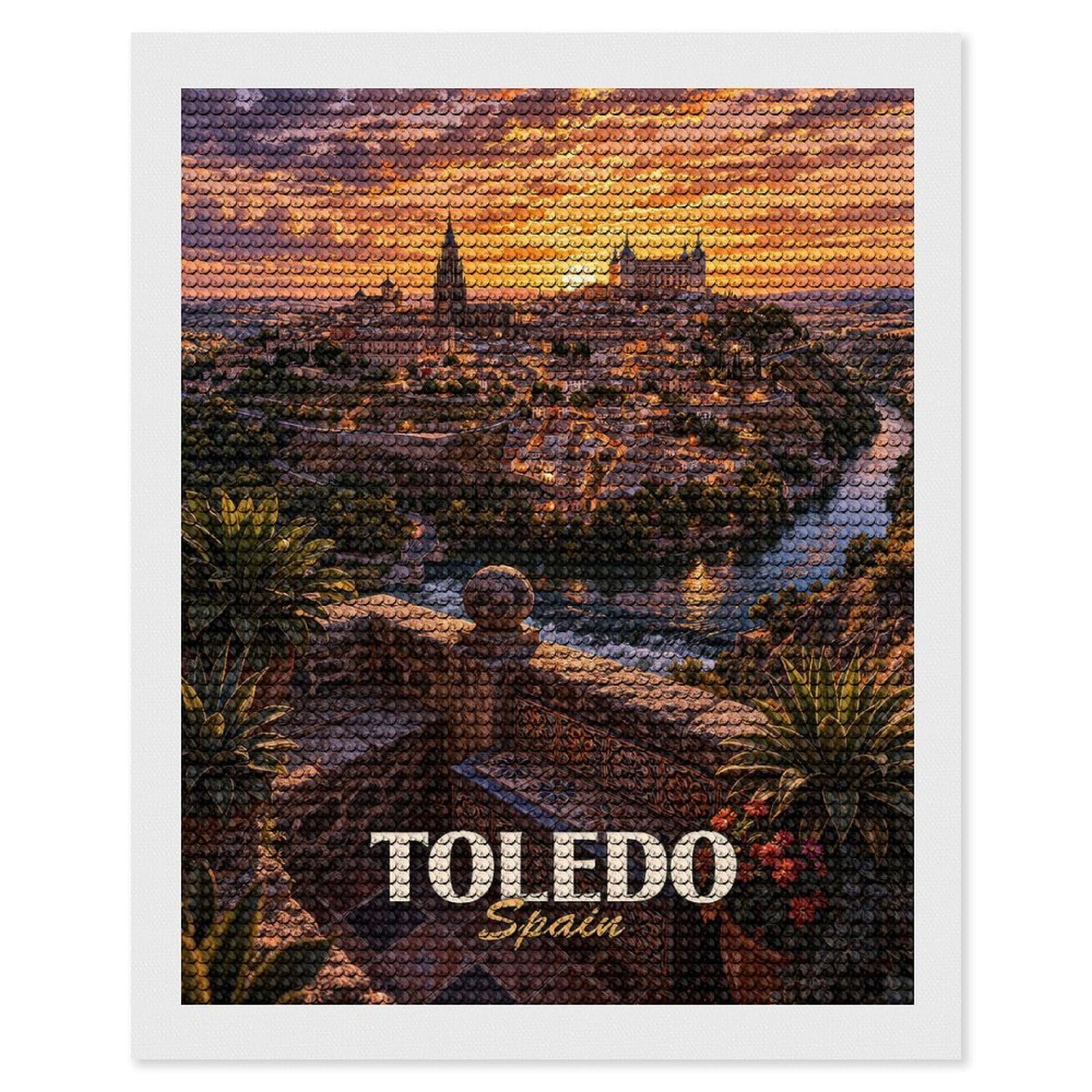 Junmoney Toledo, Spain at Sunset Diamond Painting Canvas Kit 16"x20", Adhesive Canvas, Christmas Gift, Full Kit Included, Thoughtful Present