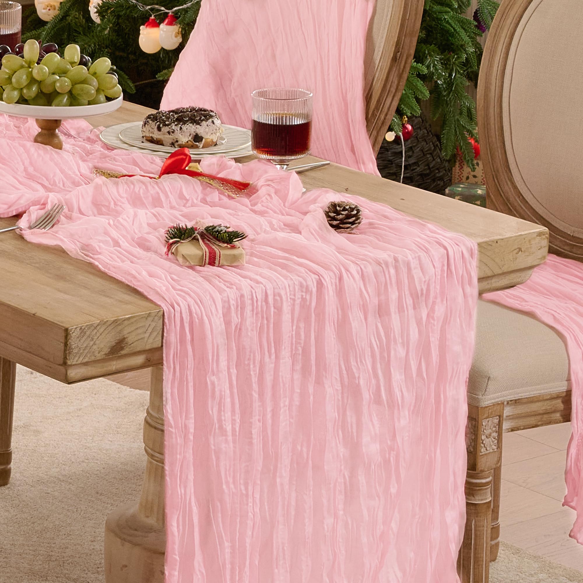 Photo 1 of Playieer 6 Pack Light Pink Cheese Cloth Table Runner 120 Inch Boho Rustic Gauze 10 FT Cheesecloth Table Runners Decorations for 4th of July Birthday Baby Shower Wedding Holiday Home Party Decor