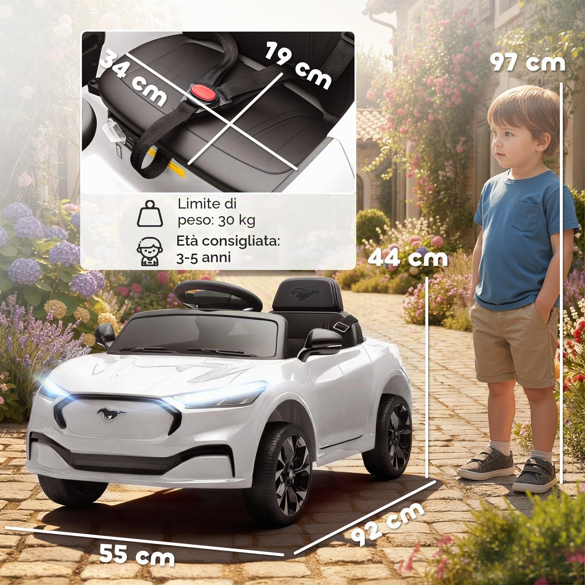 AIYAPLAY Auto elettrica per bambini con licenza ufficiale Ford Mustang Mach-E, 12 V, telecomando da 2,4 G, 2 motori da 25 W, veicolo con avviamento graduale, fari a LED, musica e porta USB, bianco