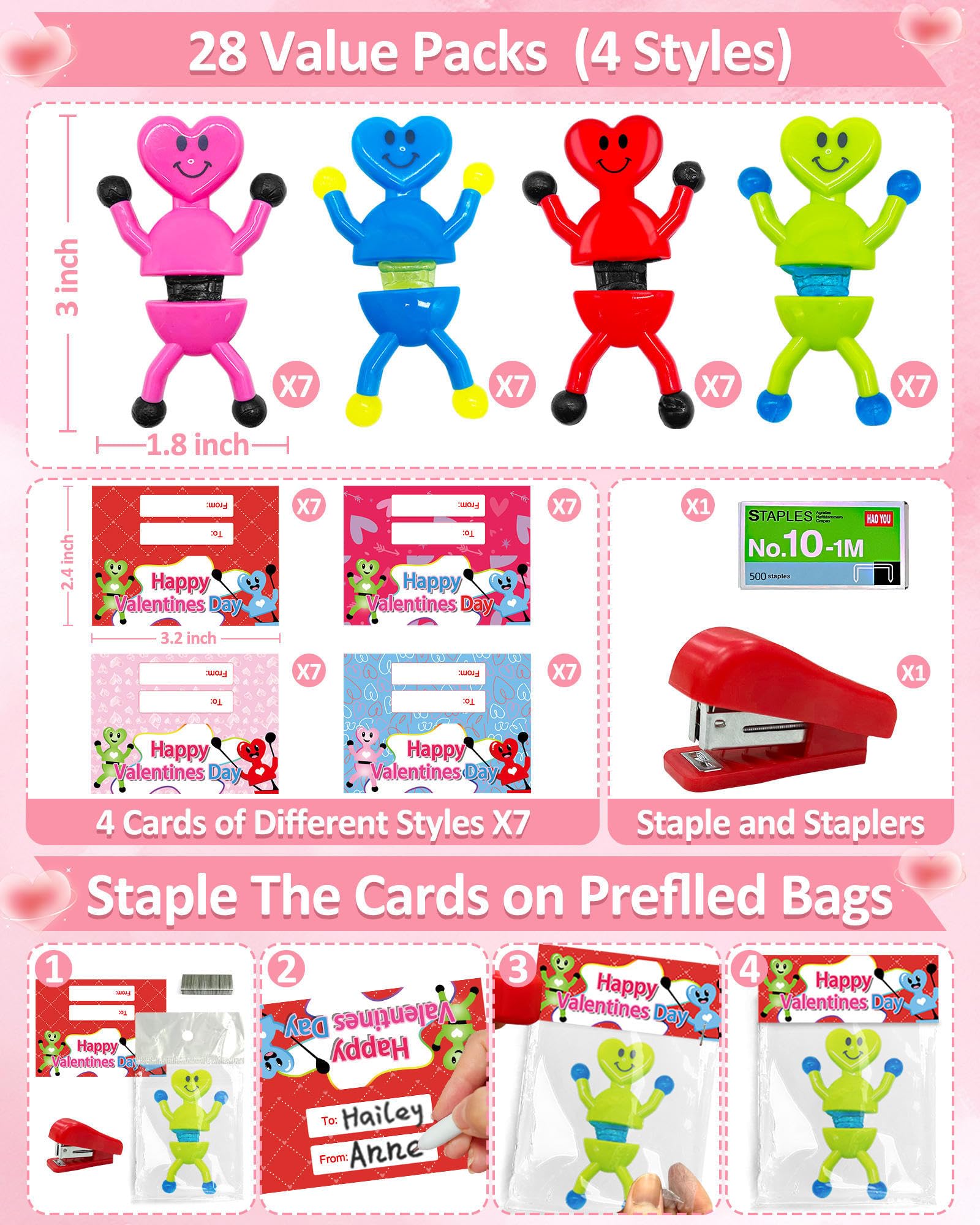 AMENON 28 Pack Valentines Gifts for Kids Prefilled Heart Shape Sticky Toys Wall Climbing Men with Cards Classroom School Exchange Valentines Party Favor Boys Girls Prizes Goodie Bags