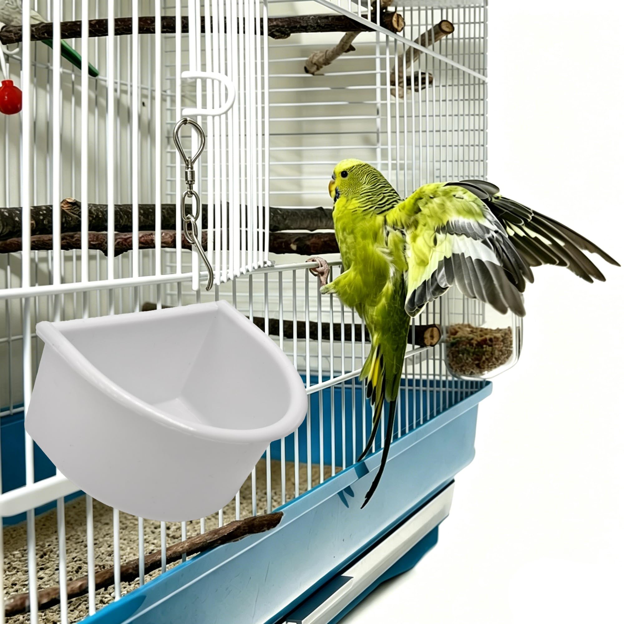 4 jaulas de plástico para pájaros con ganchos de metal para colgar, cuenco de comida y agua para periquitos, periquitos, loros y pájaros pequeños (blanco)
