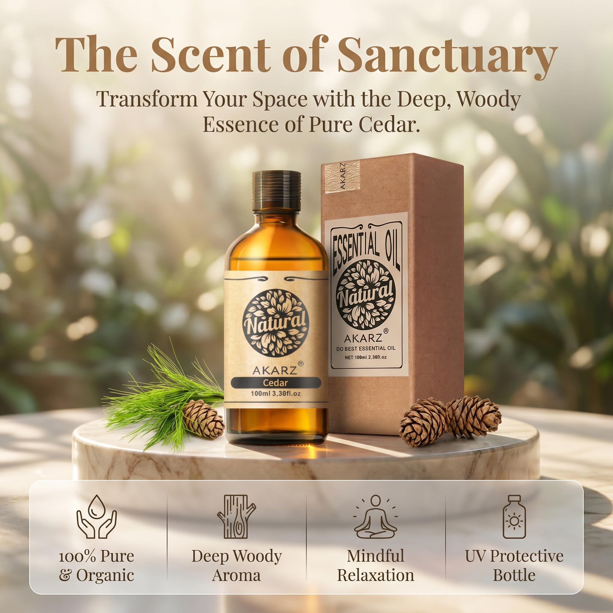 AKARZ 100ml Olejek esencjny z Cedru - Naturalny olejek aromatyczny do dyfuzorów, lamp aromatycznych i aromatów pomieszczeń