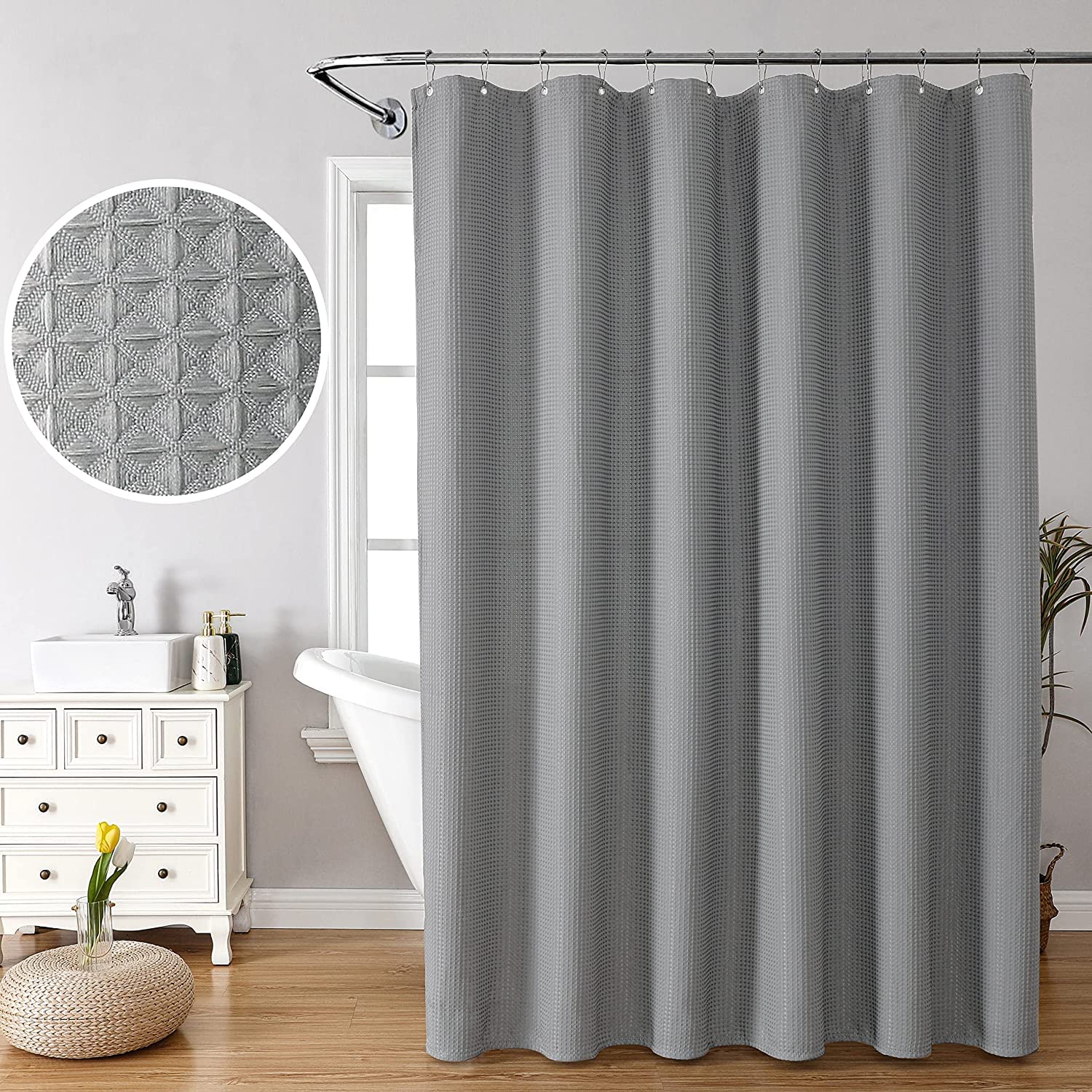 MISS SELECTEX Rideau de douche extra large en tissu épais gaufré pour salle de bain, rideau de douche en tissu imperméable et durable lavable en machine (450 x 183 cm, gris)