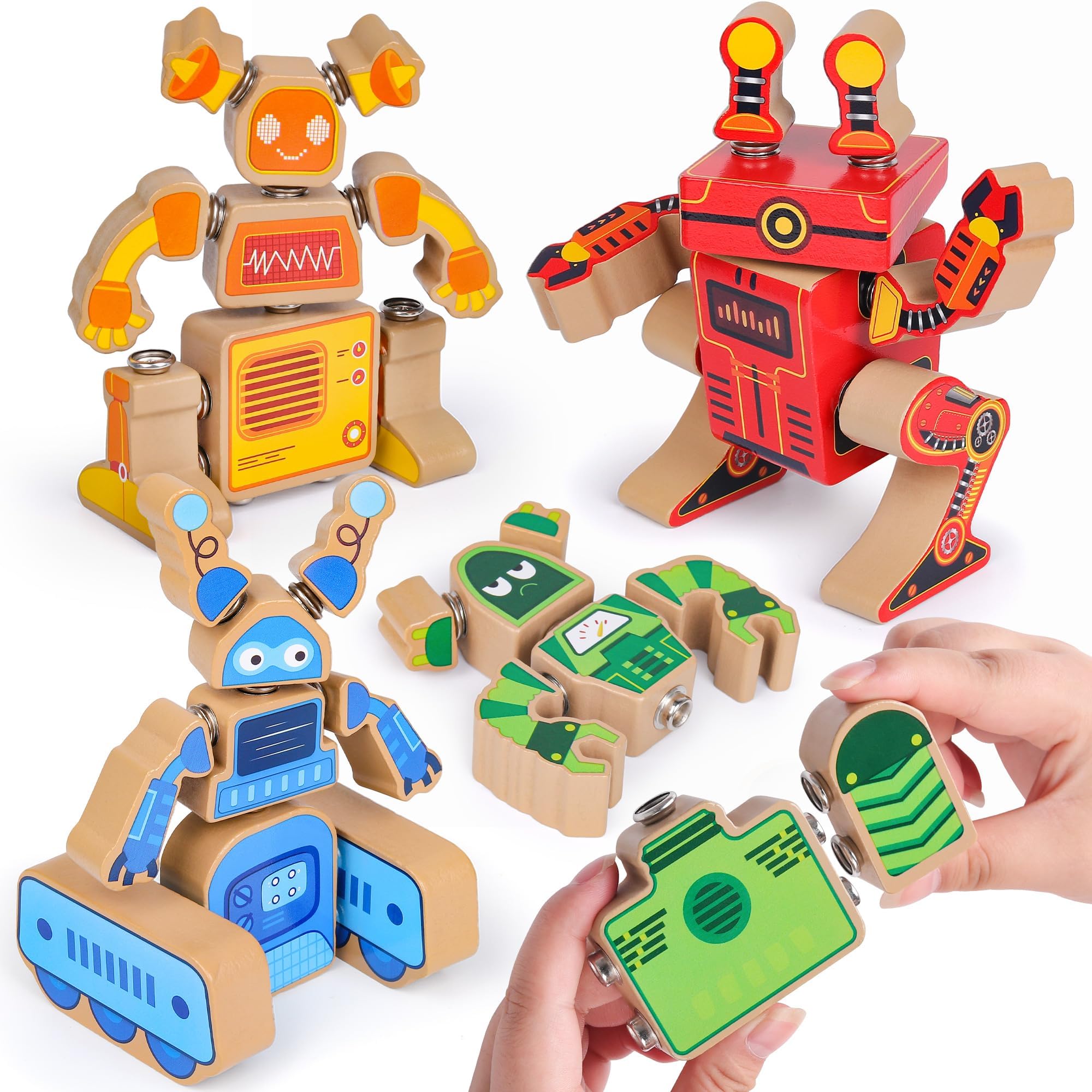 Fine Motor Building Robot Blocks for 3 4 5 Years Old Kids, Wooden Snap Together Builders, STEM Take Apart Robot Playset, Educational Learning Toy Gift for Boys Girls