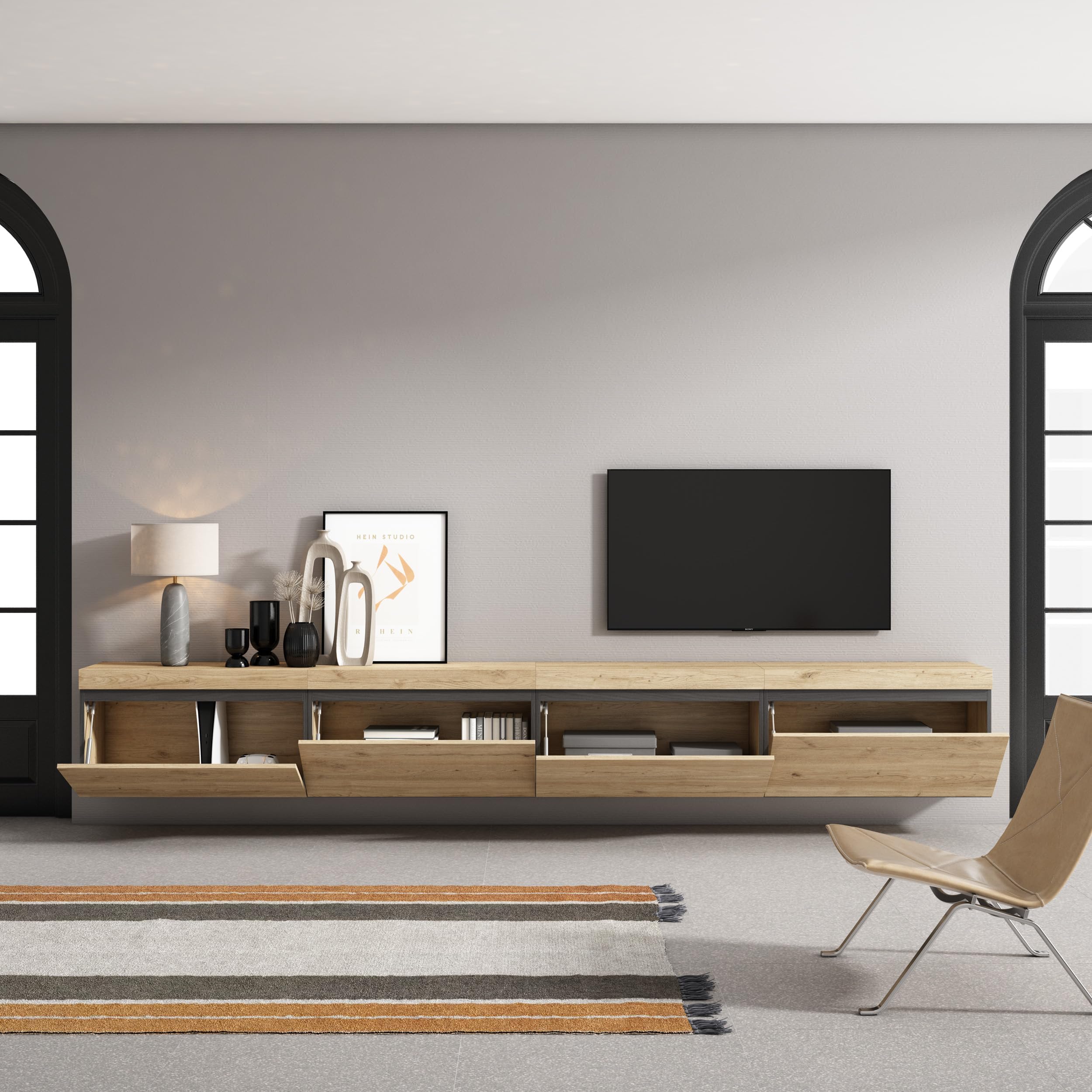 Mobile TV Soggiorno Sospeso Skraut Home - 320 Cm, 4 Moduli, Rovere E Nero, Moderno