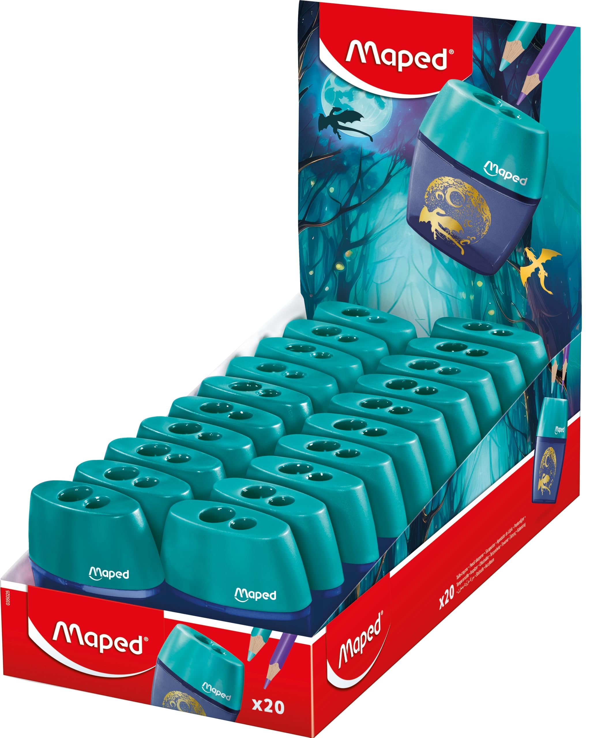 Maped - Display Zähler 20 Spitzer Shaker Dragon – 2 Löcher – mit Tank – ergonomischer Anspitzer – Display fertig zum Gebrauch