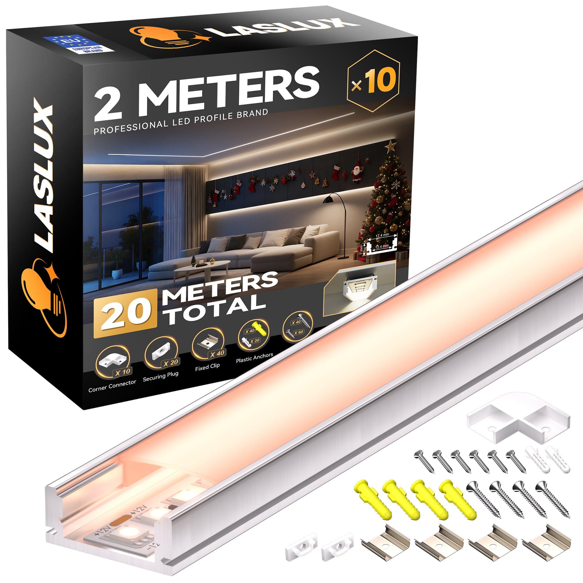 Perfil de aluminio LED carril con difusor de canal y perfil de aluminio para cinta LED perfilada en U para fácil instalación soporte LED cubierta (17,4 × 7 mm U-Form, 10 × 2 meter)