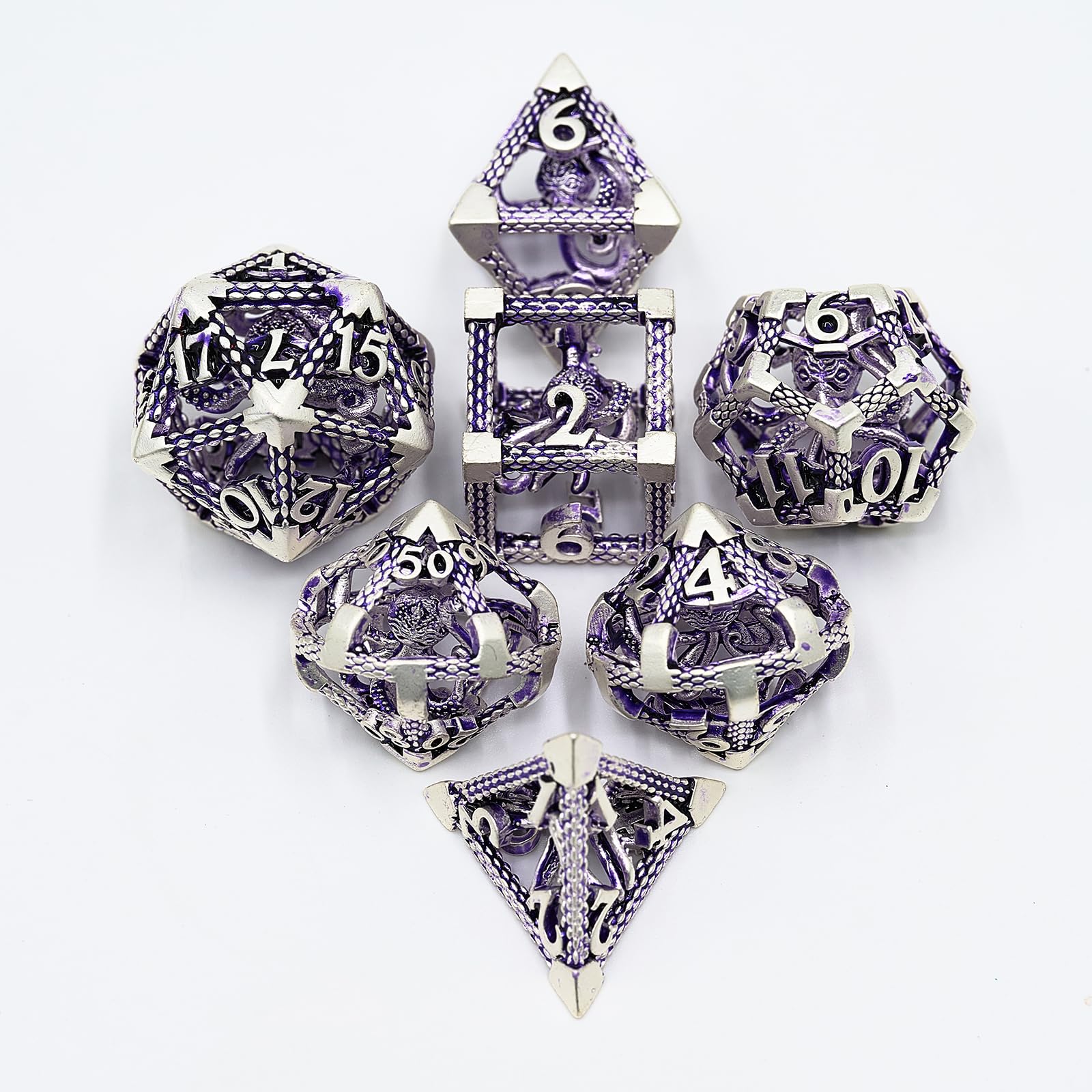 HNCCESG DND Dice Set 7-Piece Hollow Metal RPG Dice for D&D, White Purple