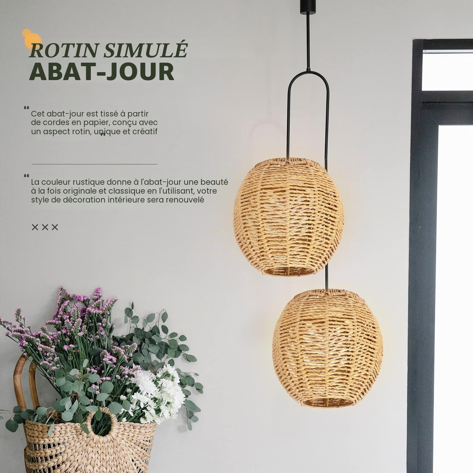 Angoily 2 pièces Abat-jour en rotin tissé rétro, panier suspendu pour plafond, abat-jour vintage pour lustre, pour salle à manger, salon, 15 x 15 cm