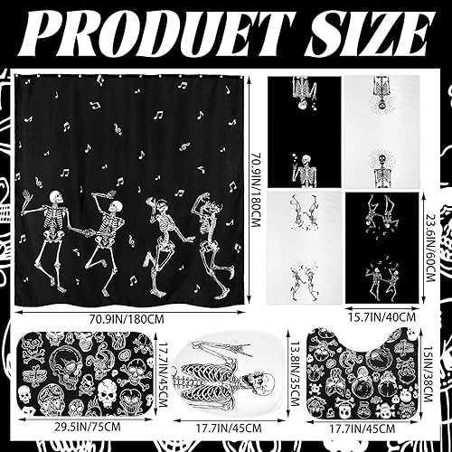 Miniatura 3 de Honoson Juego de 8 cortinas de ducha de esqueleto con alfombras y toallas de cocina, cortina de ducha de esqueleto, juego de baño para granja,