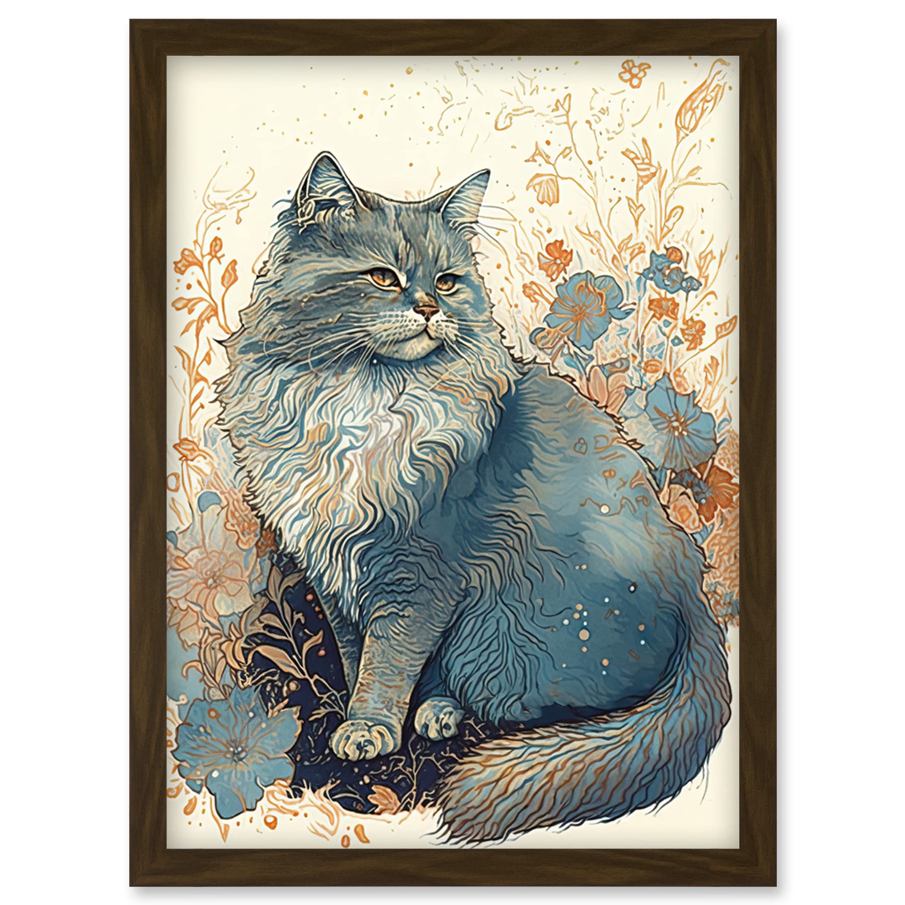 Artery8 Fluffy Cat in Wildflowers Teal and Orange Watercolour Illustration Artwork Framed Wall Art Print A4