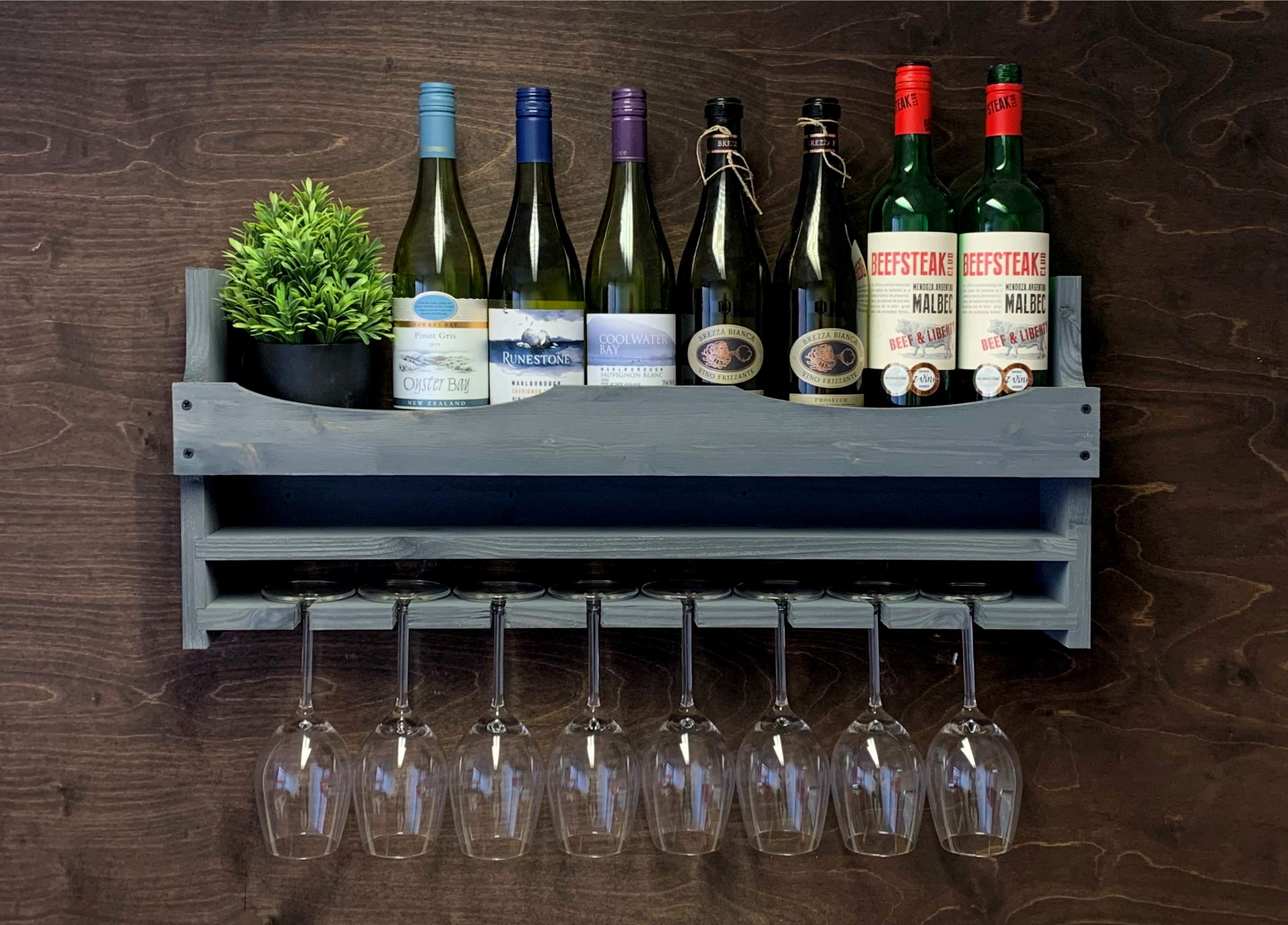 ADD A PERSONALISED MESSAGE OR SLOGAN!! - Laser Engraved Slate Grey Wooden Wine Bottle Holder and 8 Glass Wall Mounted Display (8GR)(EM)