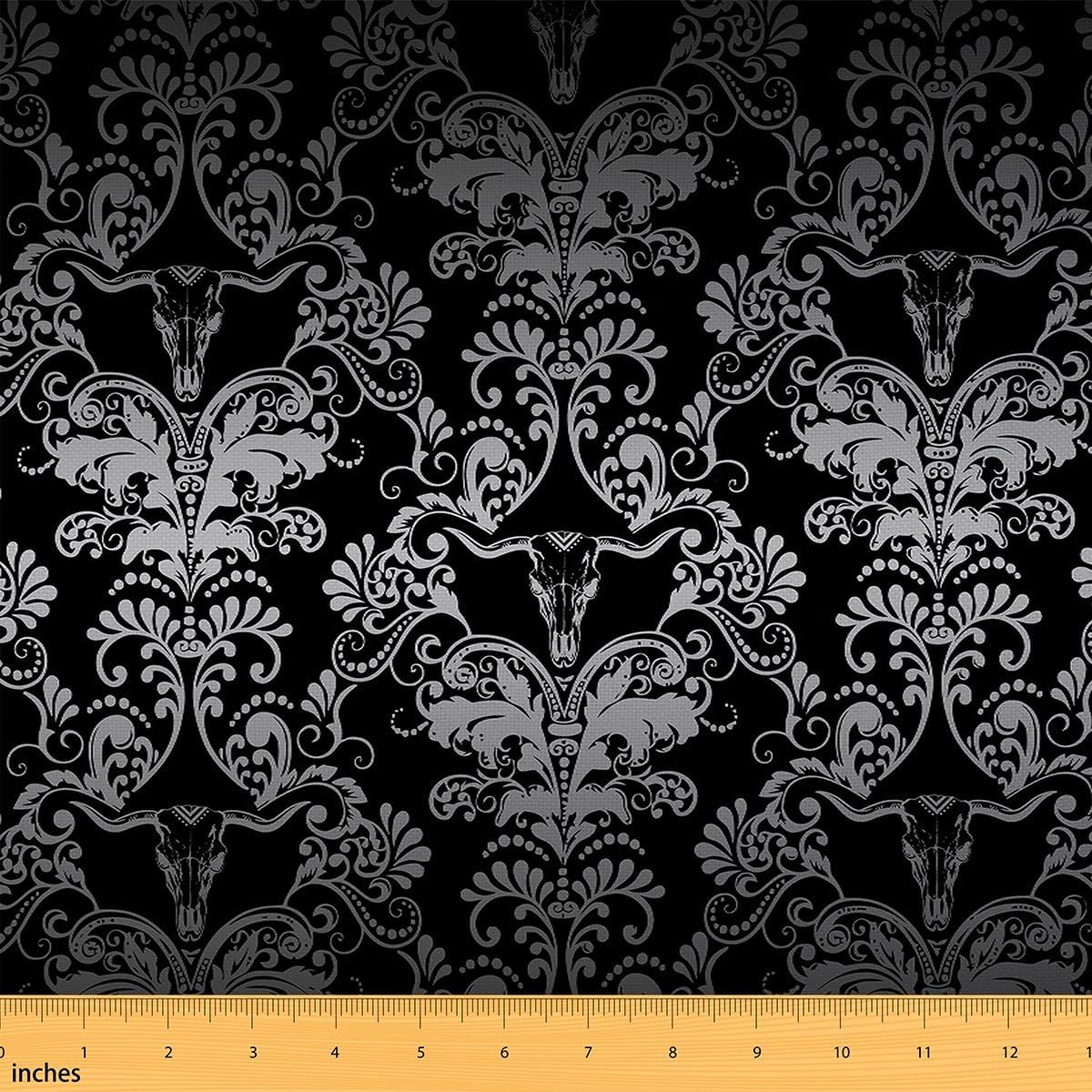 Erosebridal Black Damask Fabric by The Yard,Gothic Cow Damask Upholstery Fabric for Man Woman,Boho Exotic Cow Decorative Fabric,Vintage Floral Print Indoor Outdoor Fabric,Grey Black,2 Yards