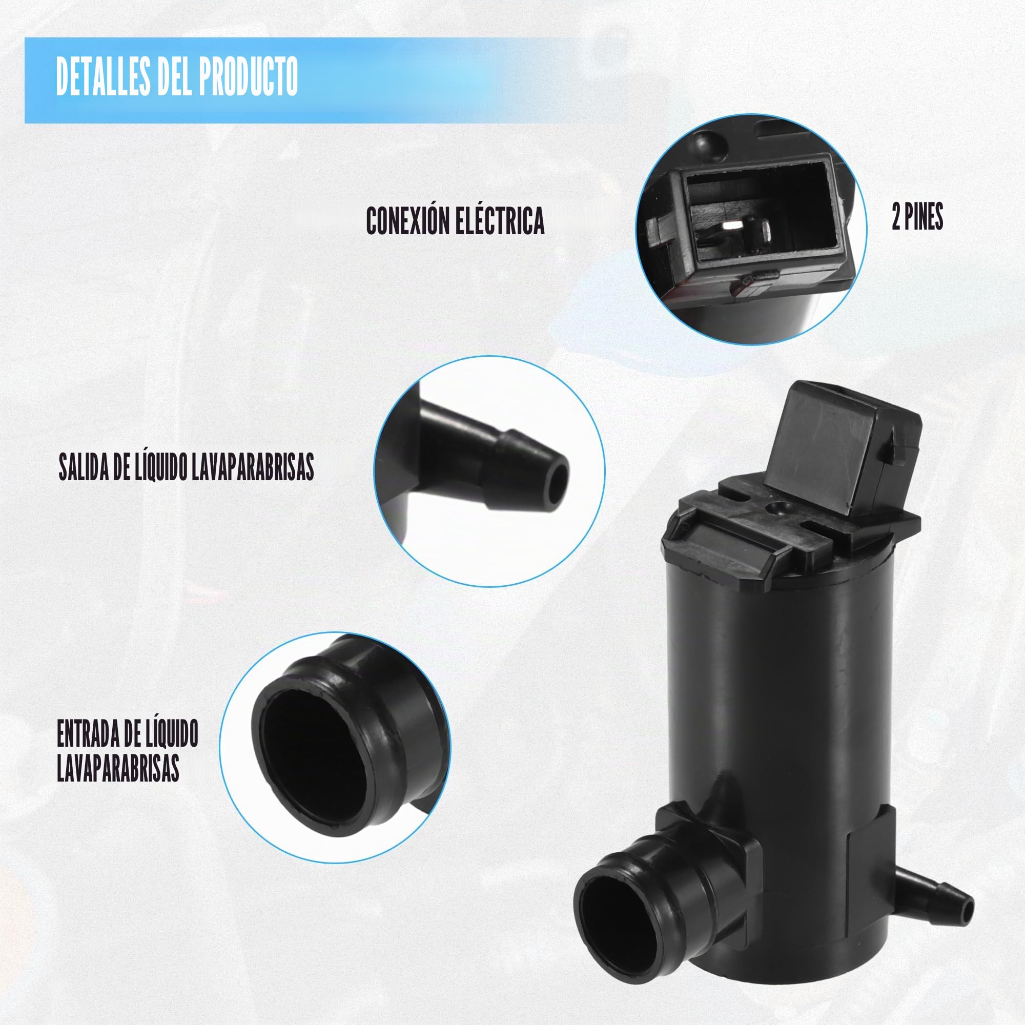 A ABSOPRO Motor De Bomba De Lavaparabrisas Para Ford Transit Mk5-6 91-14 | Color: Negro, Material: Plástico, Caucho, Pines: 2, Medidas: 78X47X39Mm, Oe: 93Bb-17K624-Aa, Anillo: 16Mm