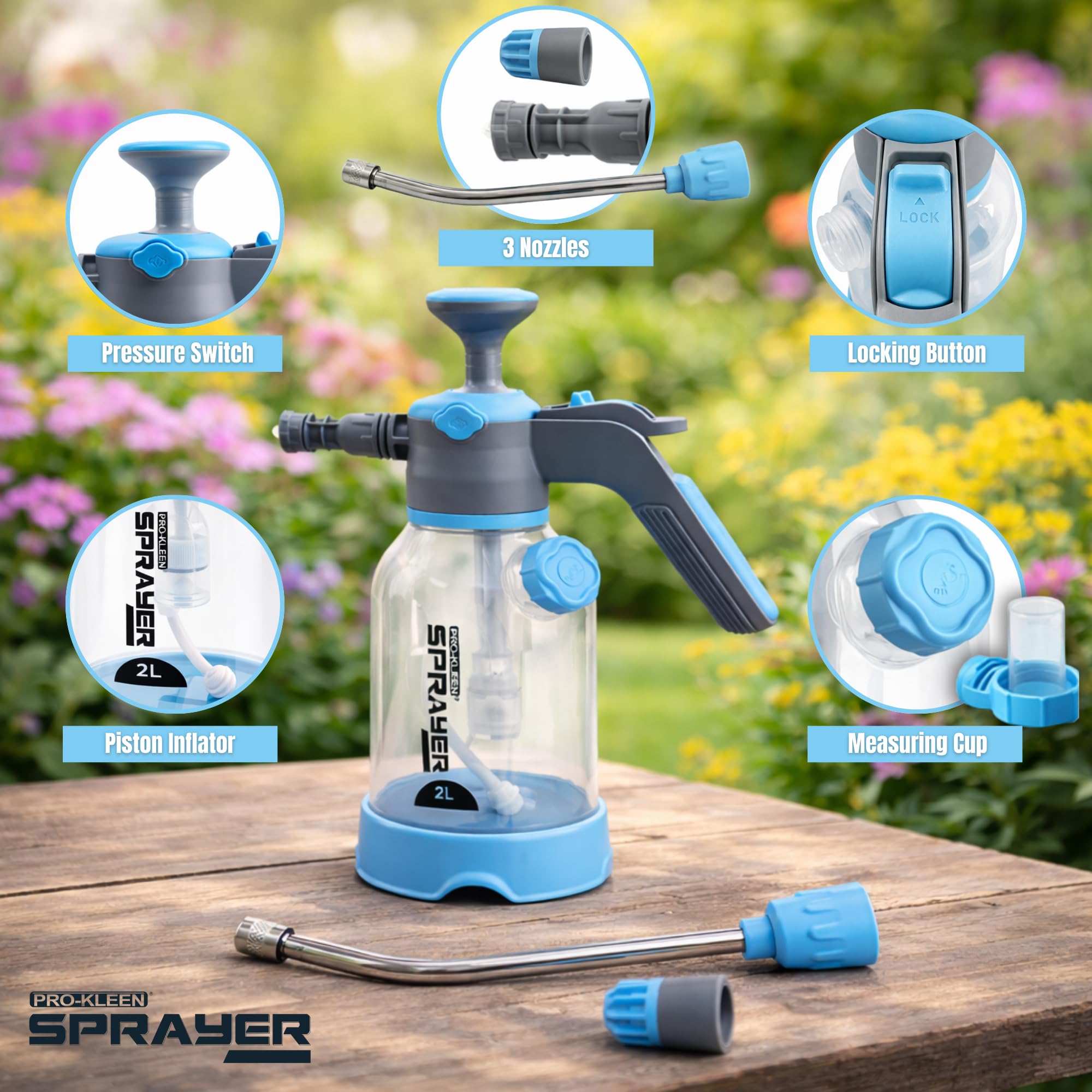 Pro-Kleen 2L Hand Pump Sprayer, Snow Foam Spray Bottle with 3 Adjustable Nozzles for Car Wash, Valeting, Garden, Plants, Patio, Home and Outdoor Cleaning — view 2