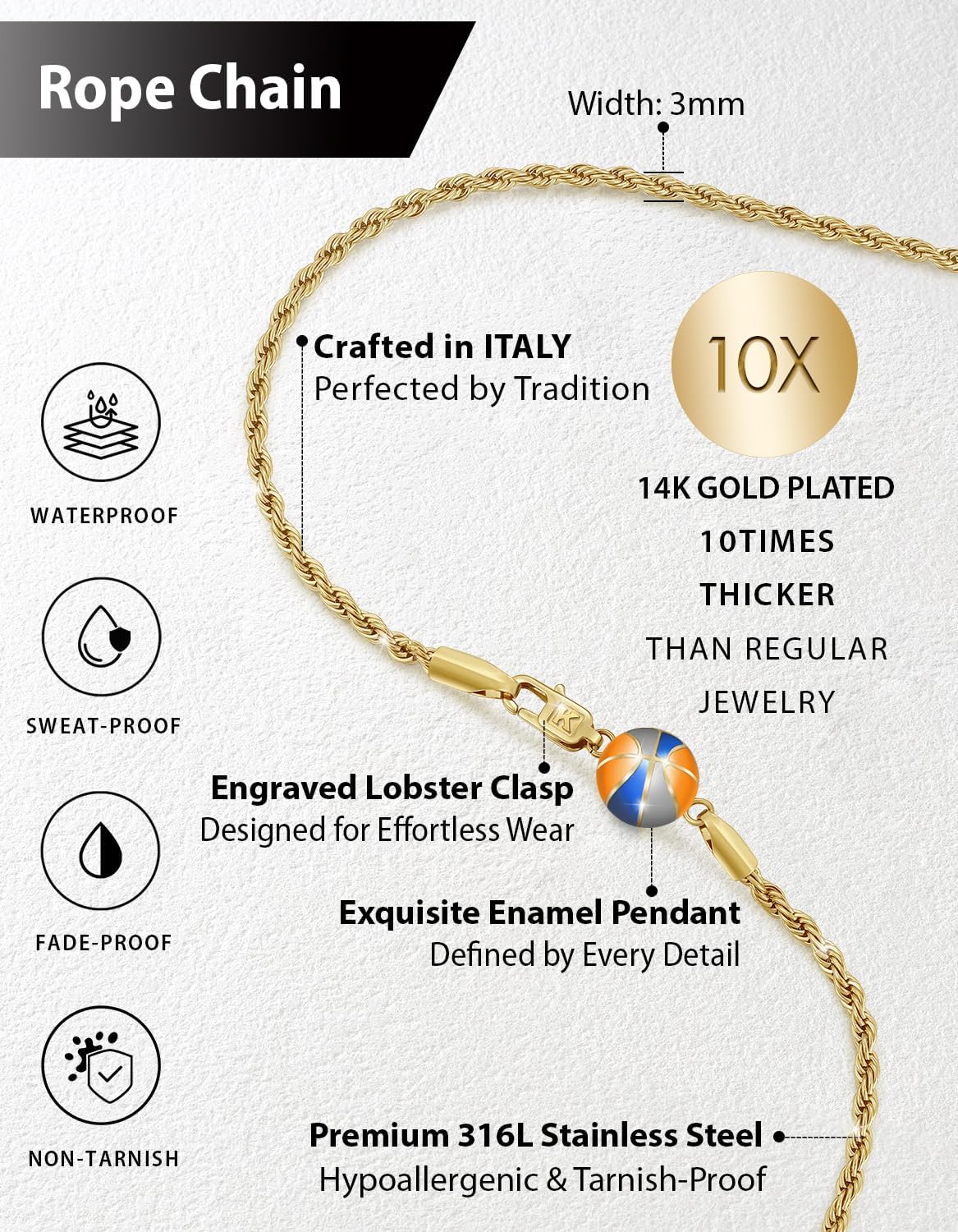 KRKC&CO Rope Chain with Basketball Necklace Pendant for Son/Boy, 14K Gold Plated, 3mm 20in, 316L Stainless Steel, Hypoallergenic Sports Fans Jewelry, Packaging with Gift Box & Card on Birthday