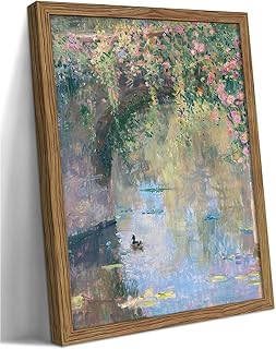 Framed Monet Canvas Wall Art, Vintage Floral Pictures Landscape Wall Decor, Rustic Pastoral Watercolor Oil Painting, Nature Prints Decor for Living Room Bedroom Bathroom – 12x16in