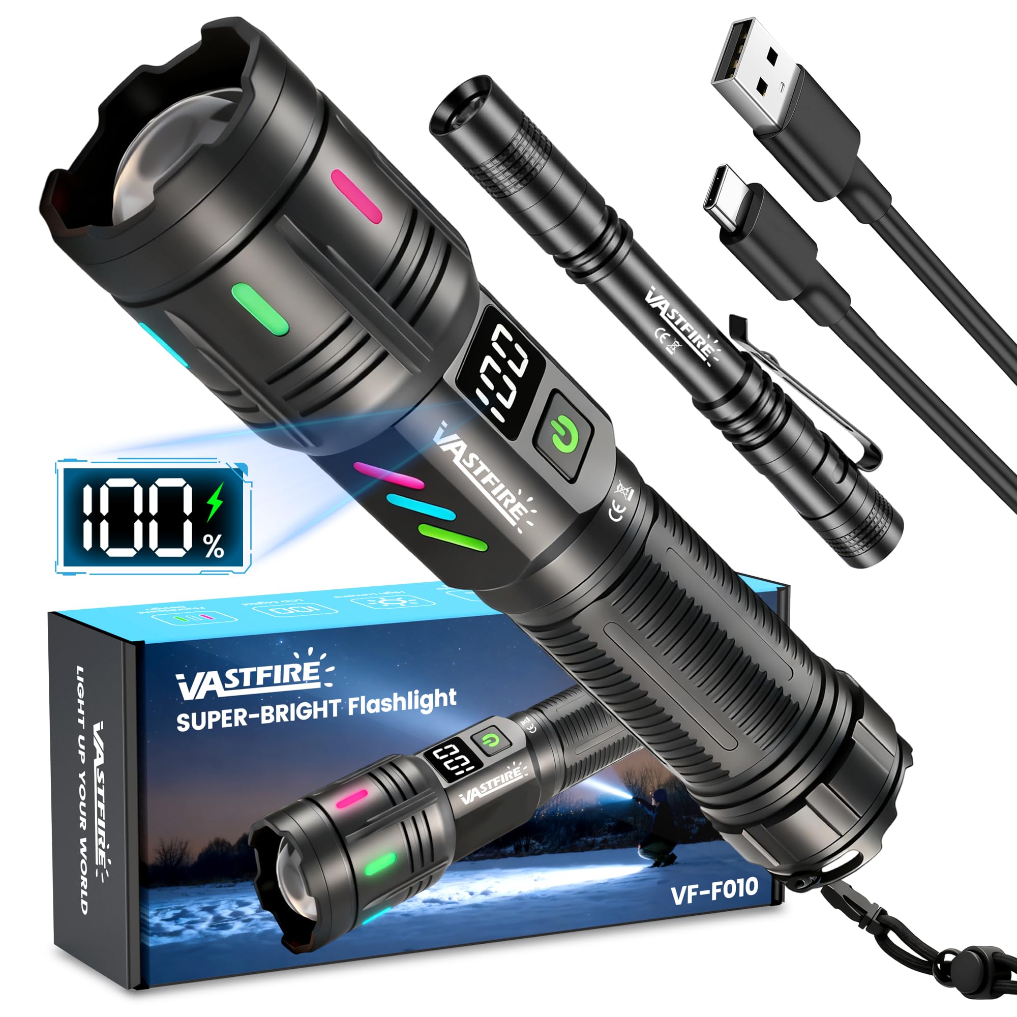 VASTFIRE Super Bright Torch 500000 Lumens Long Range 5000ft, High Powered Powerful LED Torches with LCD Display, USB Long Lasting Rechargeable Flashlight for Camping Hiking Emergency