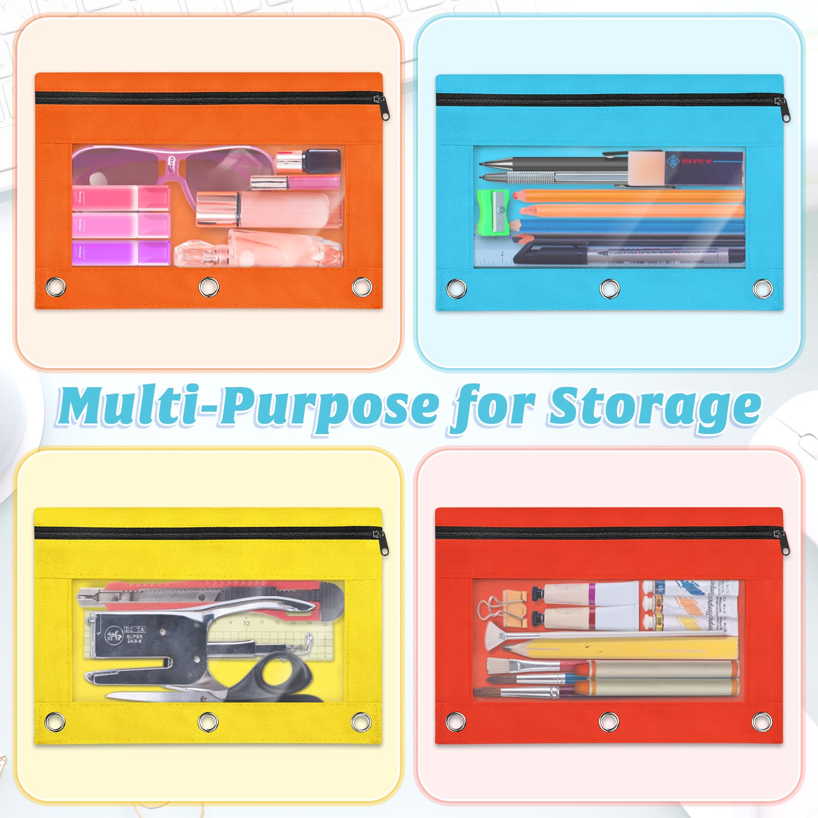 SpringFlower 36 Pack Pencil Pouch for 3 Ring Binder, Binder Pencil Pouch, Pencils Pouches for Binders with Smooth Zipper in 6 Assorted Colors for School, Office Supplies