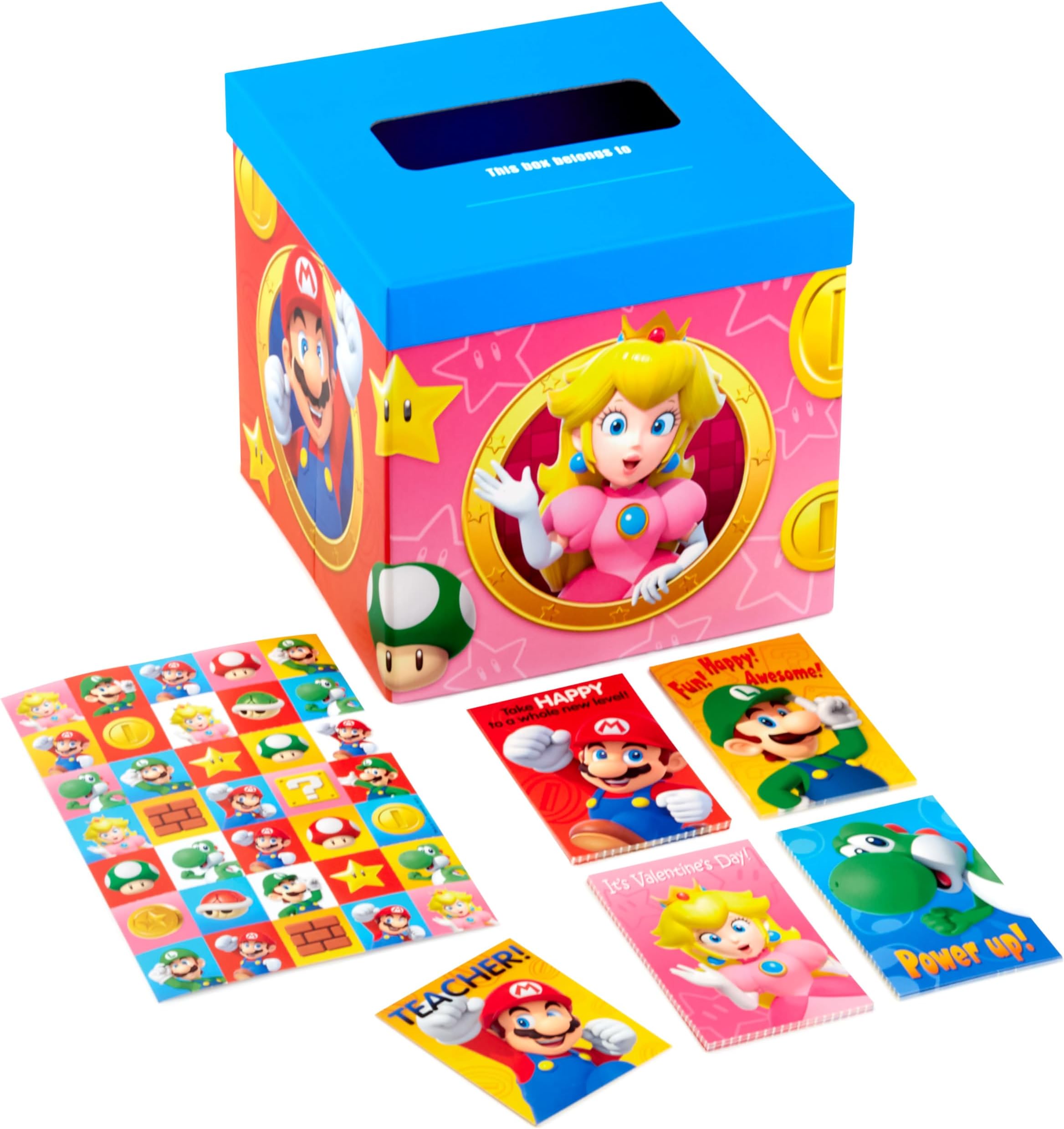 Super Mario Bros Valentines Day Cards and Mailbox for Kids School Classroom Exchange (1 Box, 32 Valentine Cards, 35 Stickers, 1 Teacher Card)