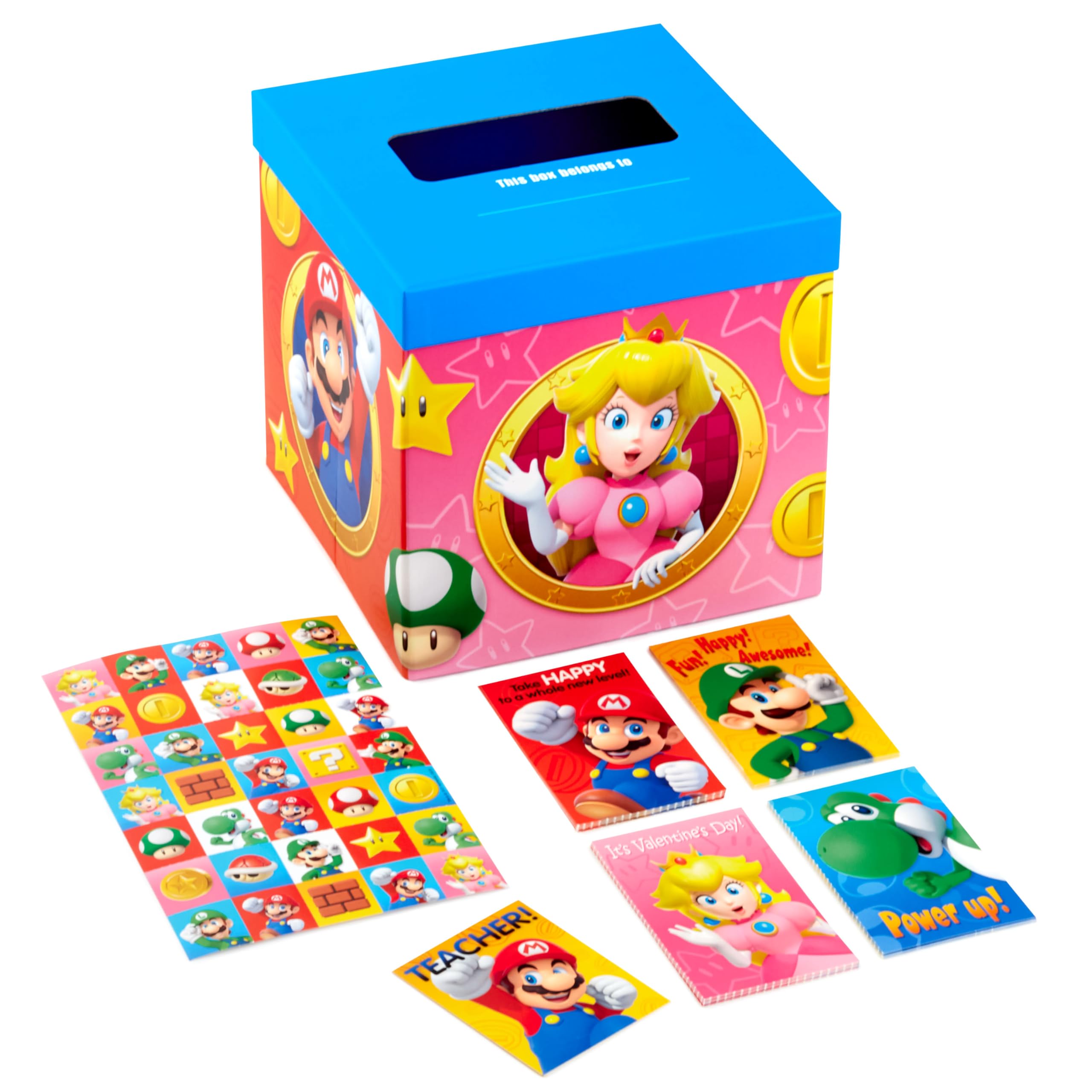 Super Mario Bros Valentines Day Cards and Mailbox for Kids School Classroom Exchange (1 Box, 32 Valentine Cards, 35 Stickers, 1 Teacher Card)