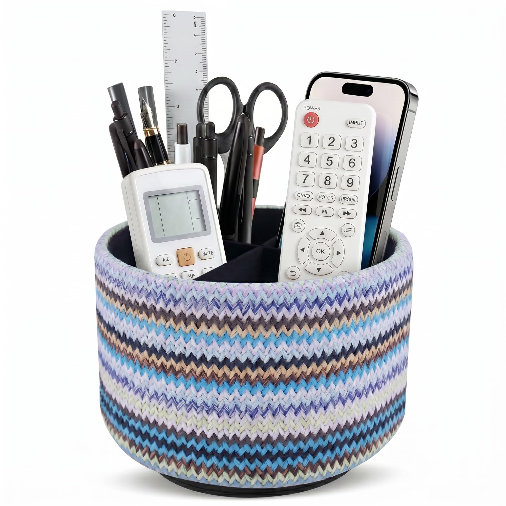Mtzmy Round Leather Art Supply Organizer,Remote Control Holder,360 Degree Spinning,Multi-Functional Pencil Holder,4 Compartments Desktop Stationary Organizer(1-Woven White) โ image 1
