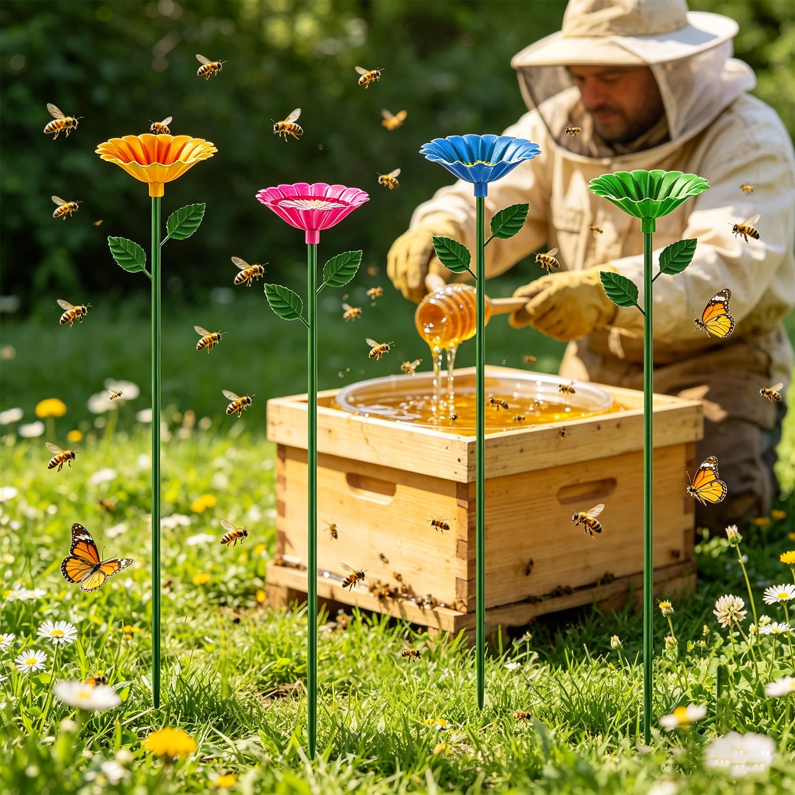 Abreuvoir pour Abeilles Jardin 4 Pièces, Distributeur d'eau pour Abeilles, Abreuvoir À Abeilles, Mangeoires D'abeilles en Métal, Décoration Extérieur Cadeau Jardinage